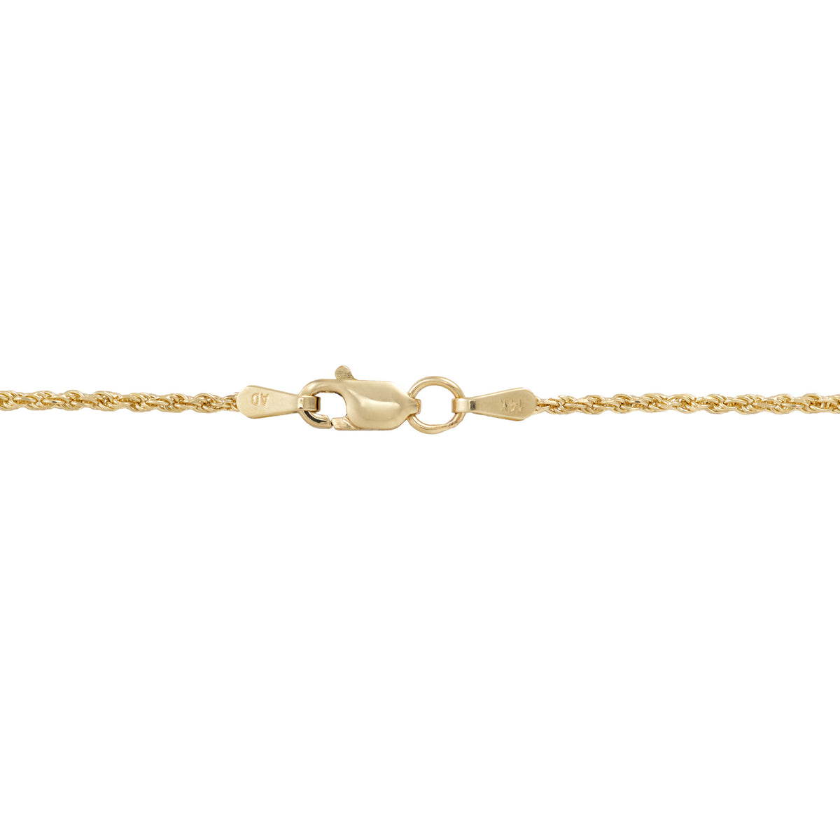 Detail shot of a 1.2mm flex rope chain and a lobster claw clasp on a solid white background