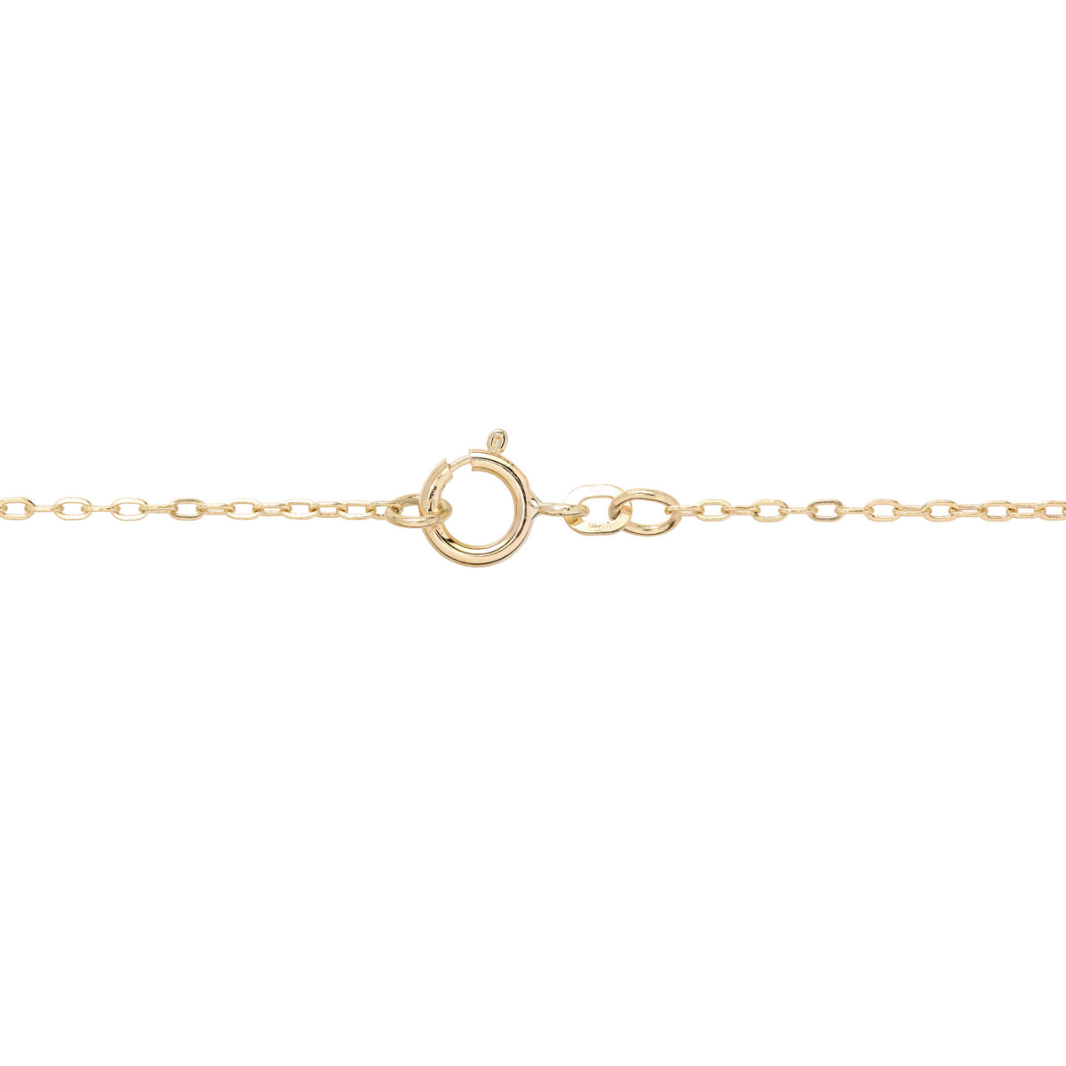 Detail shot of a 14k yellow gold cable chain with an O-ring clasp, shown on a white background