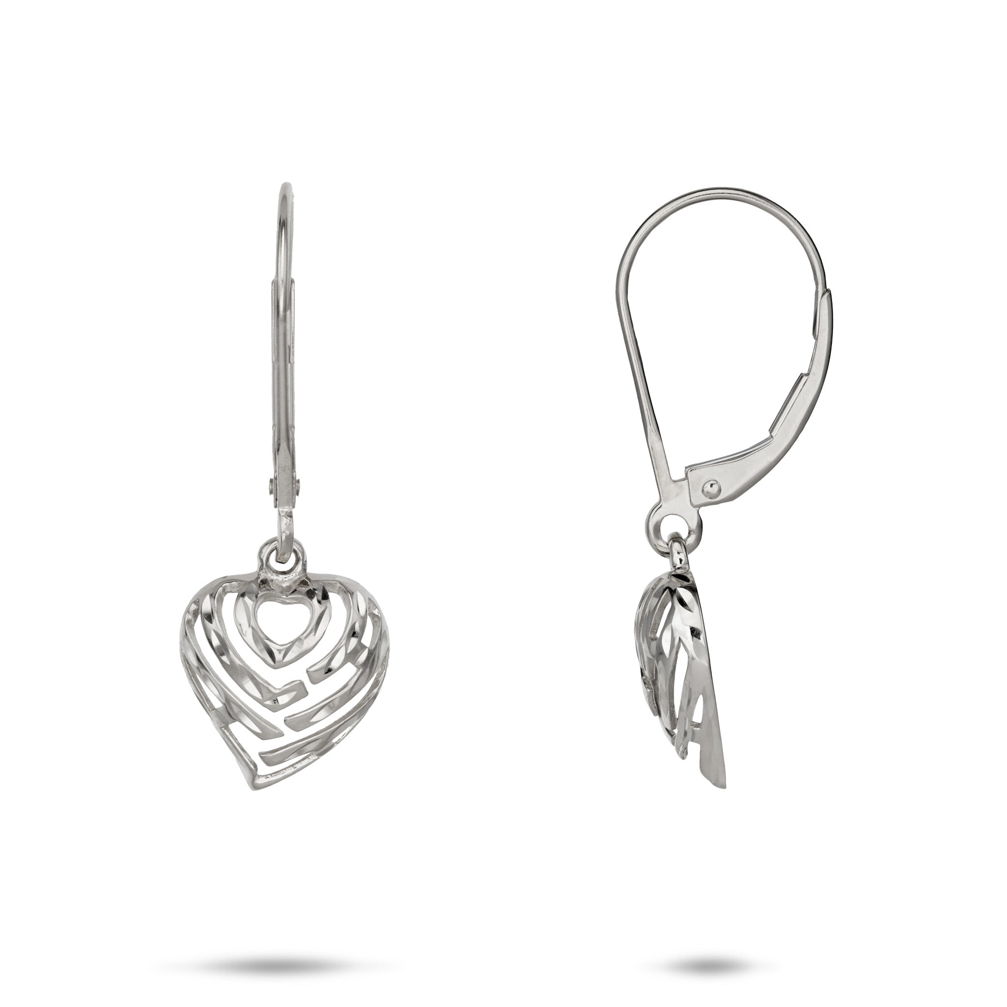 11mm Aloha Heart Earrings in White Gold with Diamond-cut finish on a whitebackground