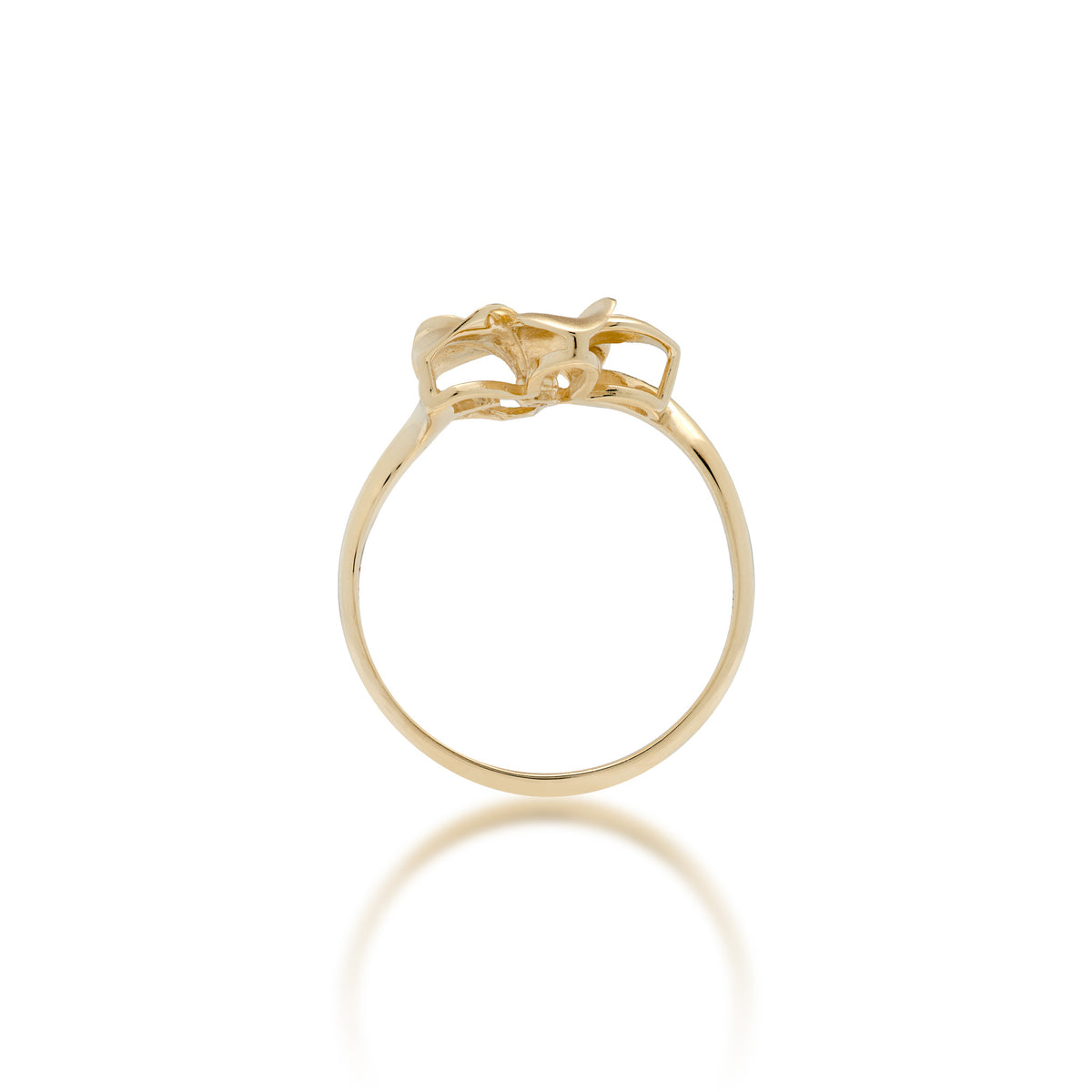 A profile view of a 14k yellow gold 13mm plumeria flower ring with a diamond accent in the center and satin finished petals with high-polish edges, shown on a white background