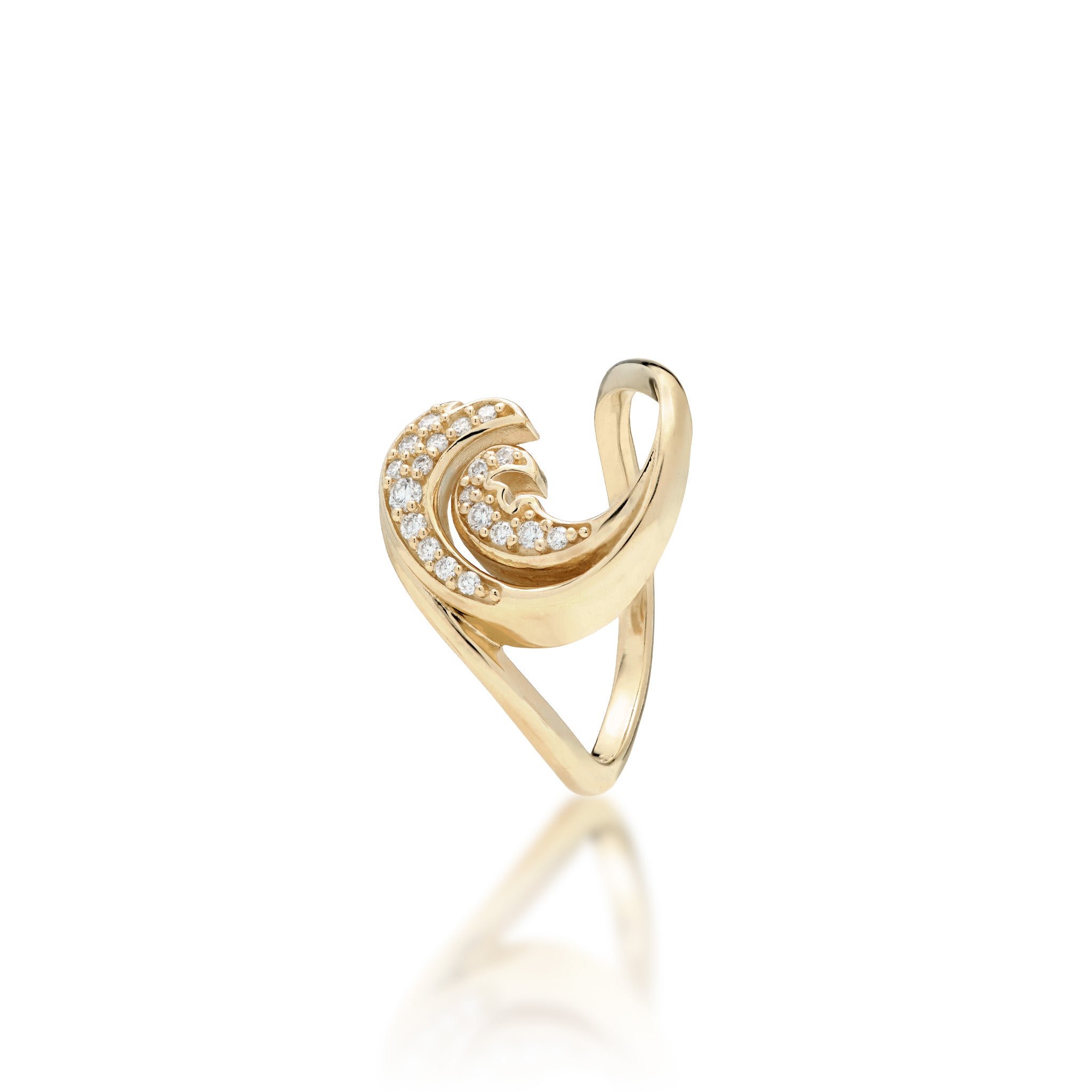 15mm Nalu Ring in 14k Yellow Gold with Diamonds, Double wave design on a white background