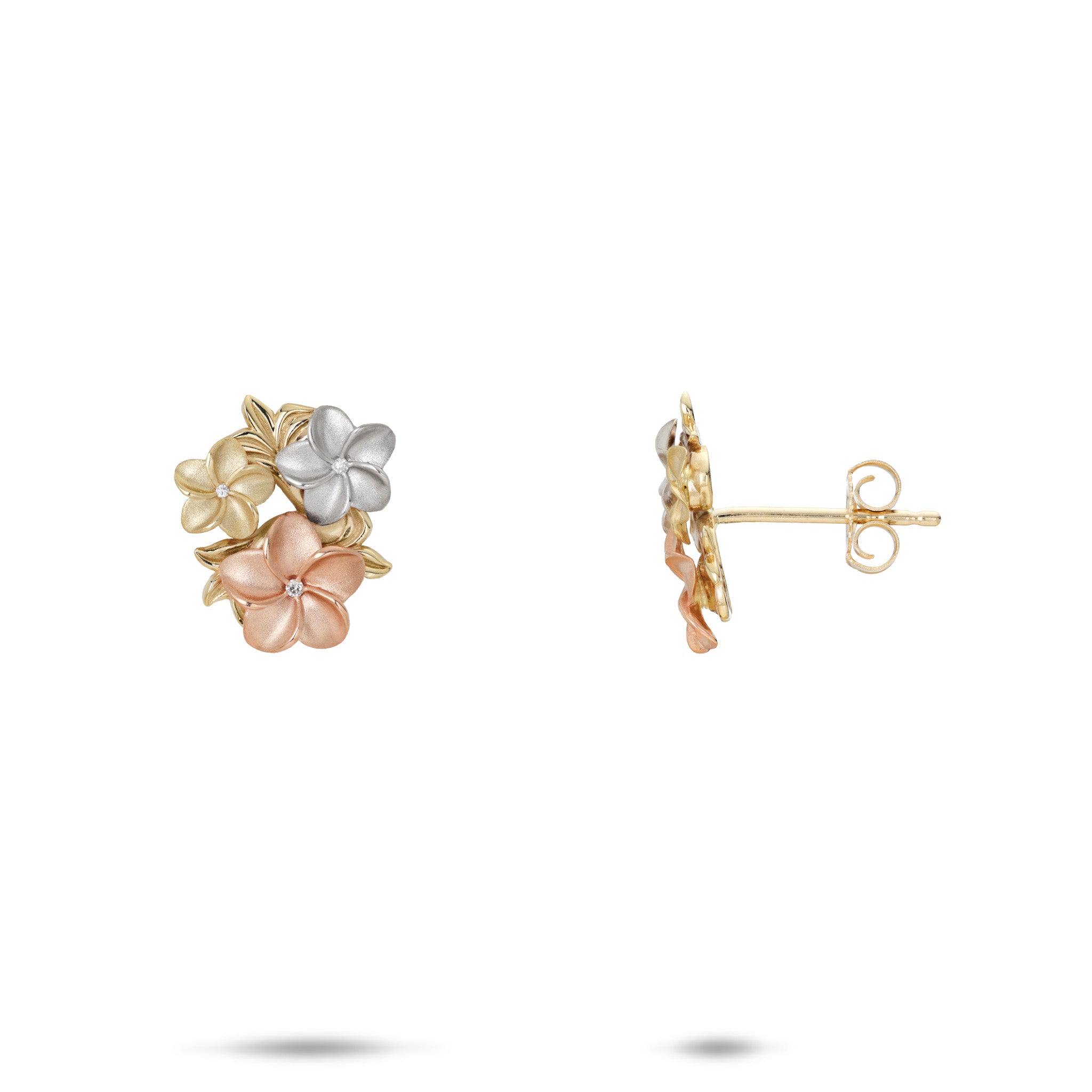 Plumeria Earrings in Tri Color Gold with Diamonds on a White Background