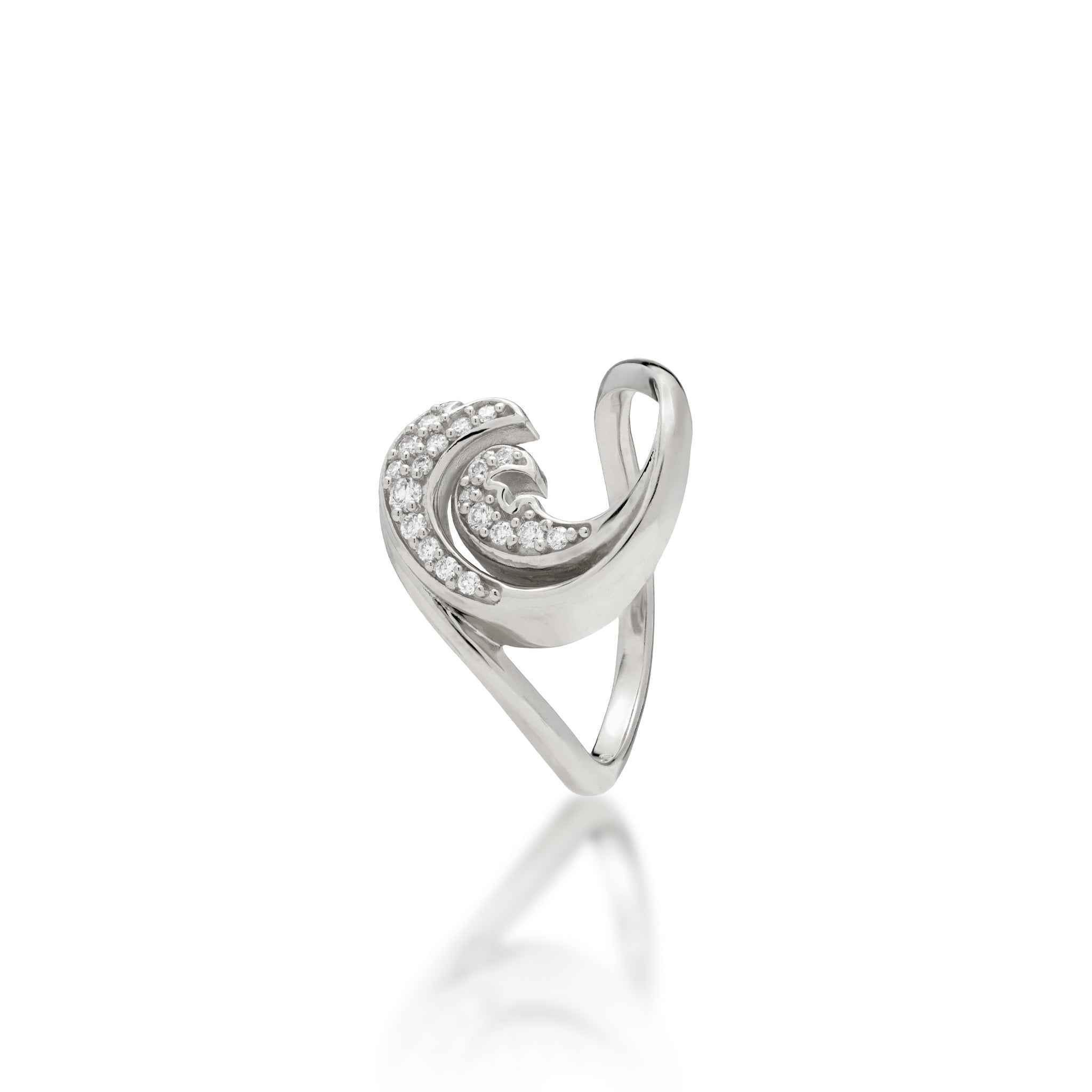 15mm Nalu Ring in 14k White Gold with Diamonds, Double wave design, on a white background