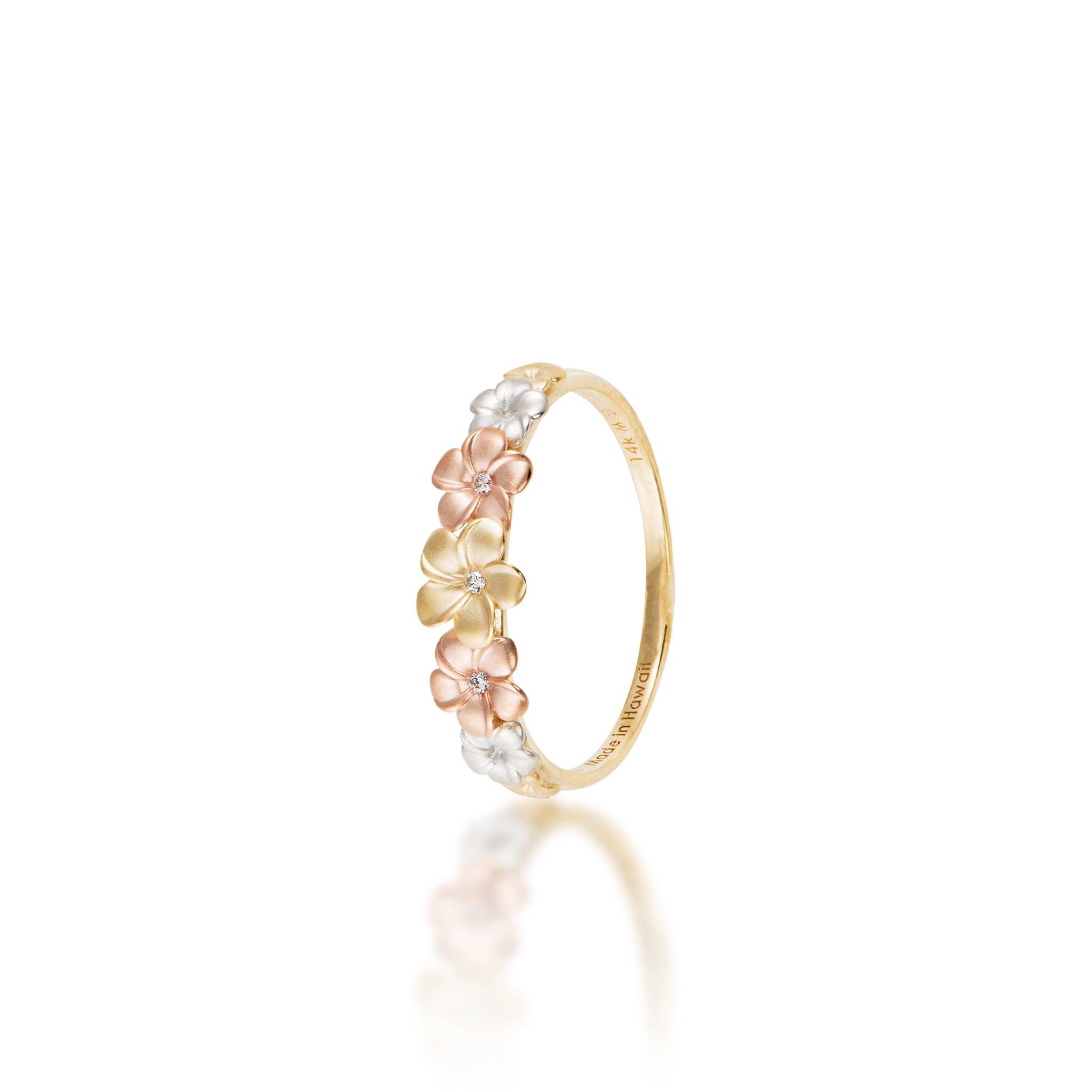 Plumeria Ring in Tri Color Gold with Diamonds - 6mm
