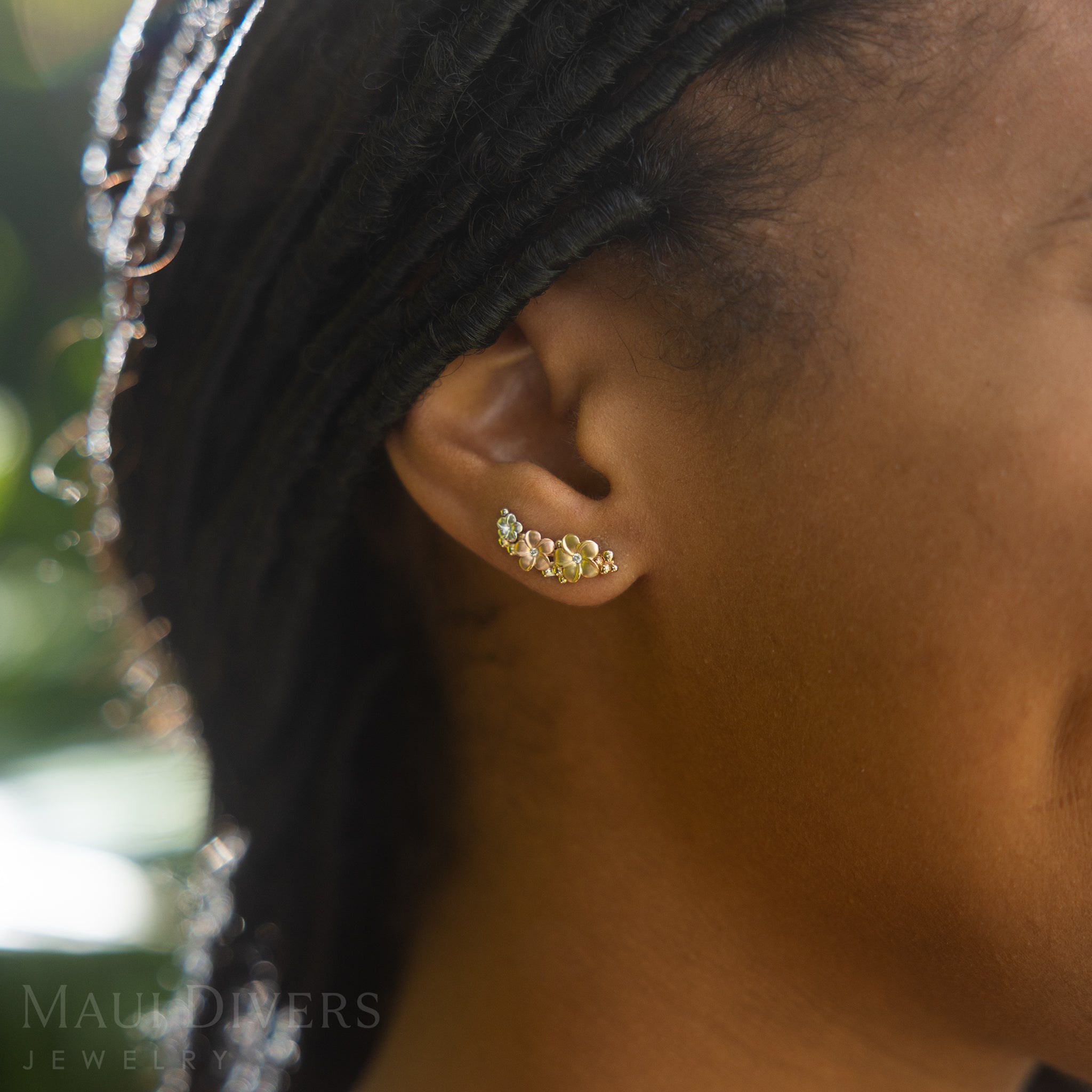 Plumeria Climber Climber Earrings in Tri Color Gold with Diamonds