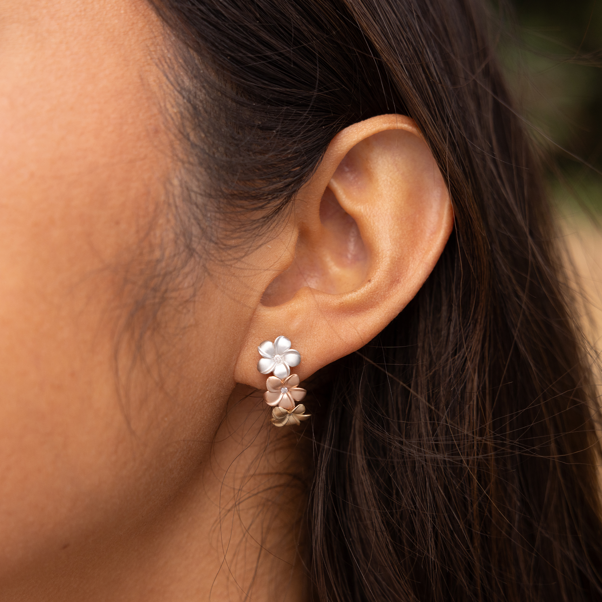 Plumeria Earrings in Tri Color Gold with Diamonds