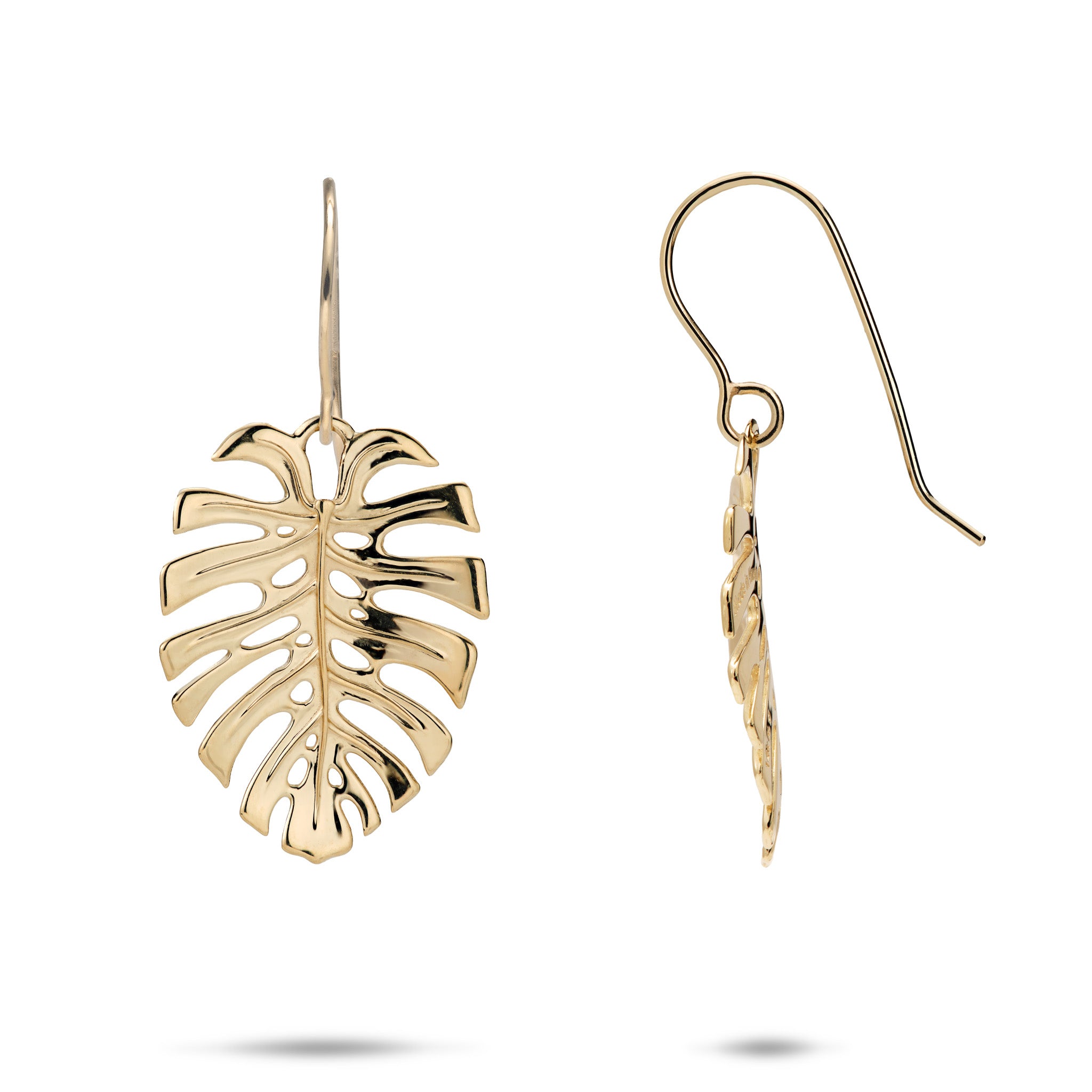 23mm Monstera Hook Earrings in 14k Yellow Gold on a white background