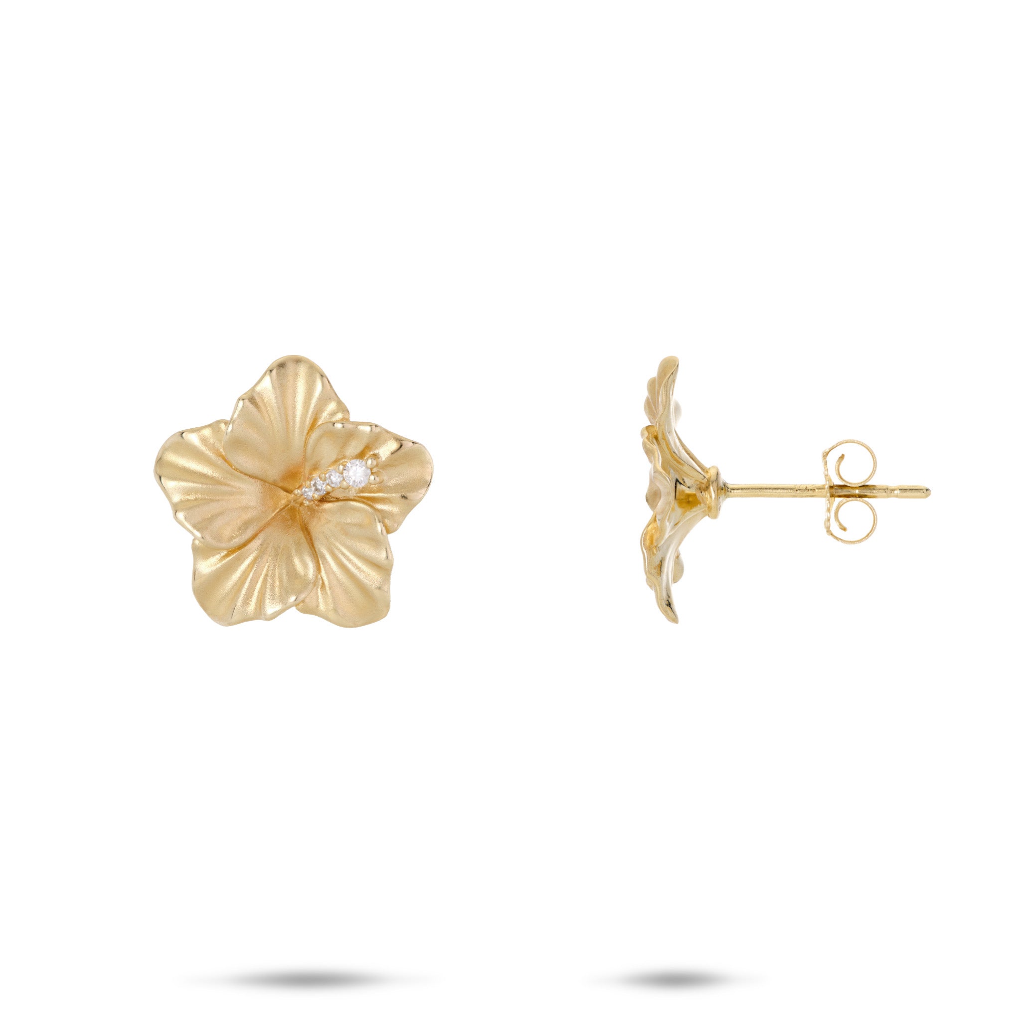 14mm Diamond Hibiscus Stud Earrings in 14k Yellow Gold on a white background