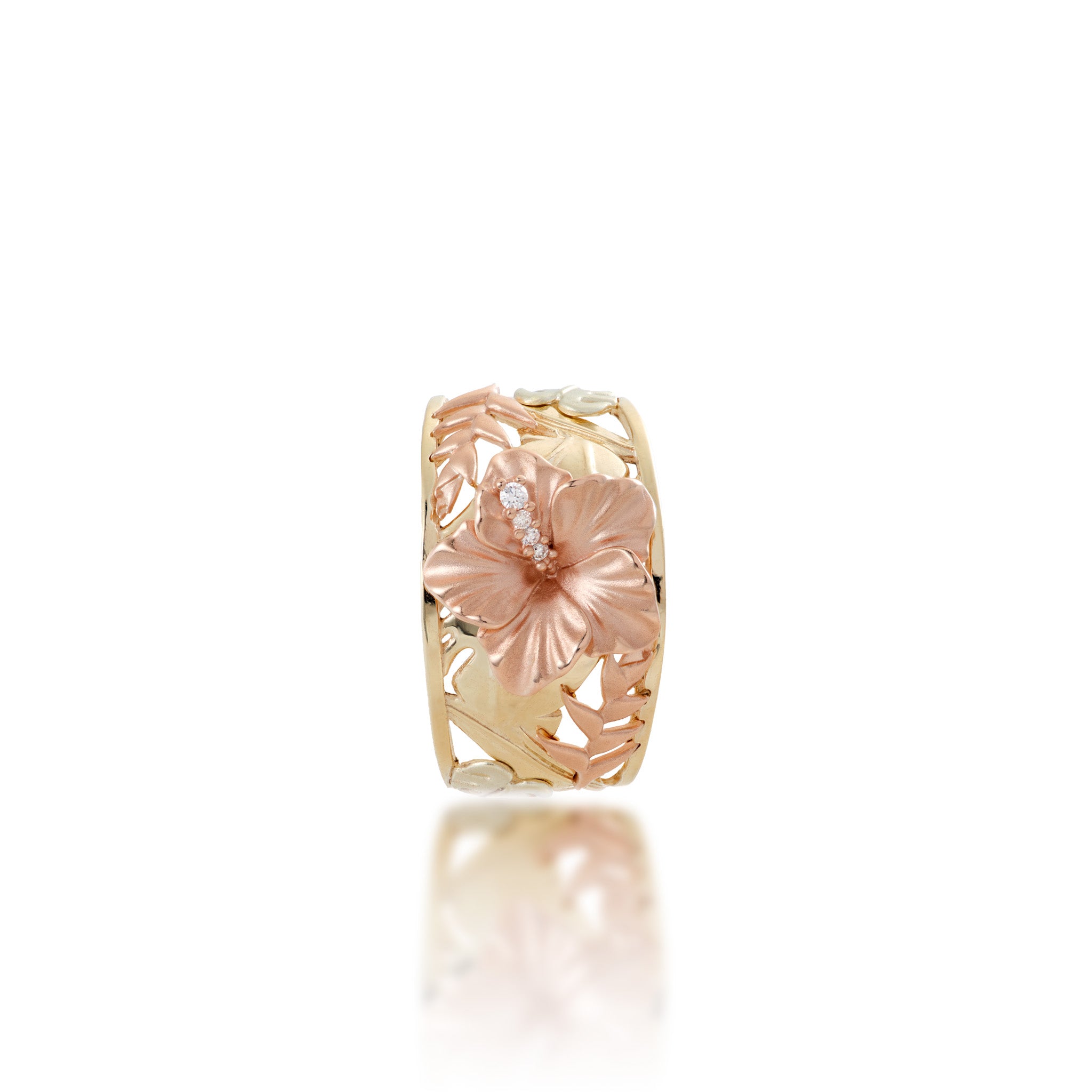 Front facing view of the 12mm Hawaiian Gardens Hibiscus Ring in 14k Rose, Green, and Yellow Gold with Diamonds