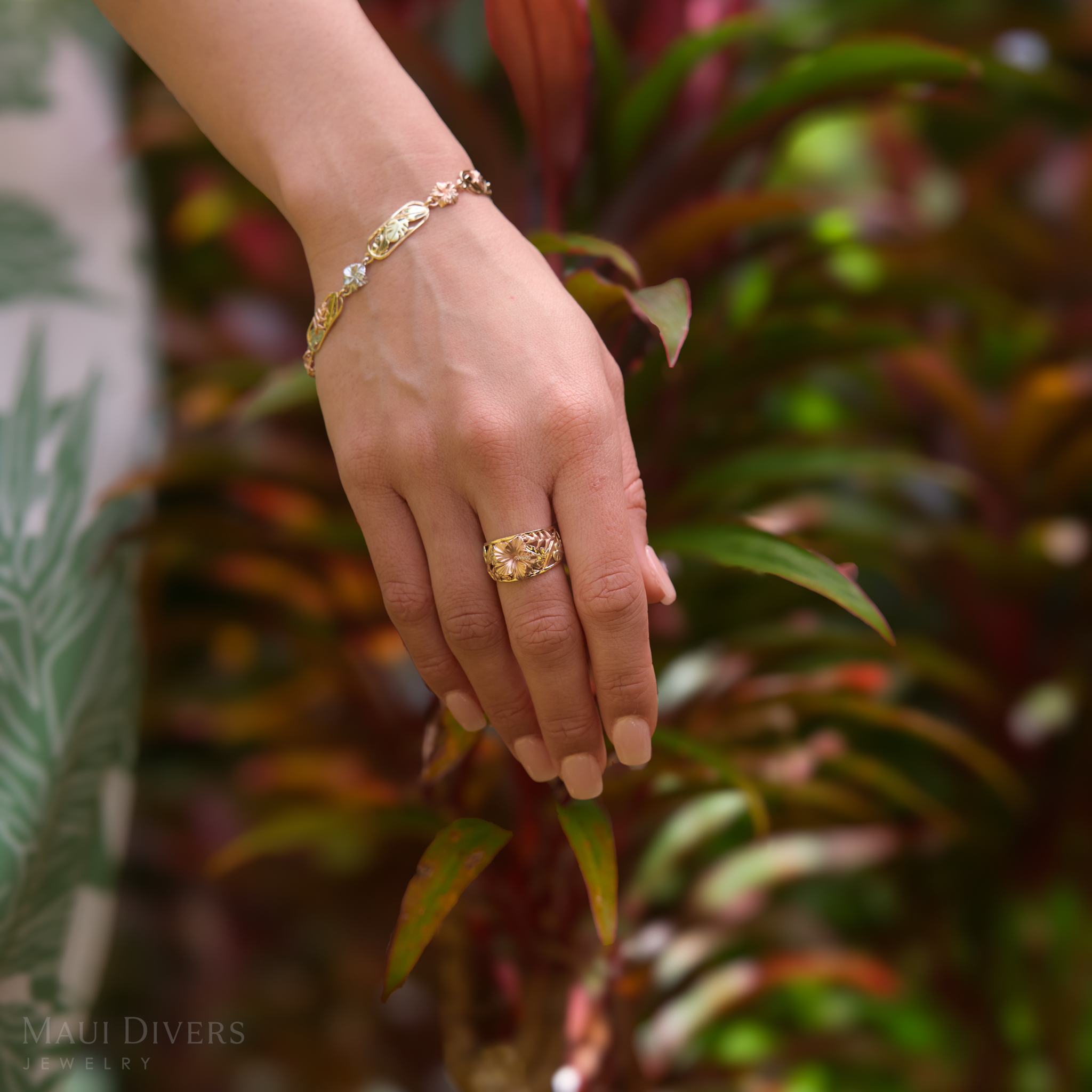 Hawaiian Gardens Hibiscus Ring in Tri Color Gold with Diamonds - 12mm