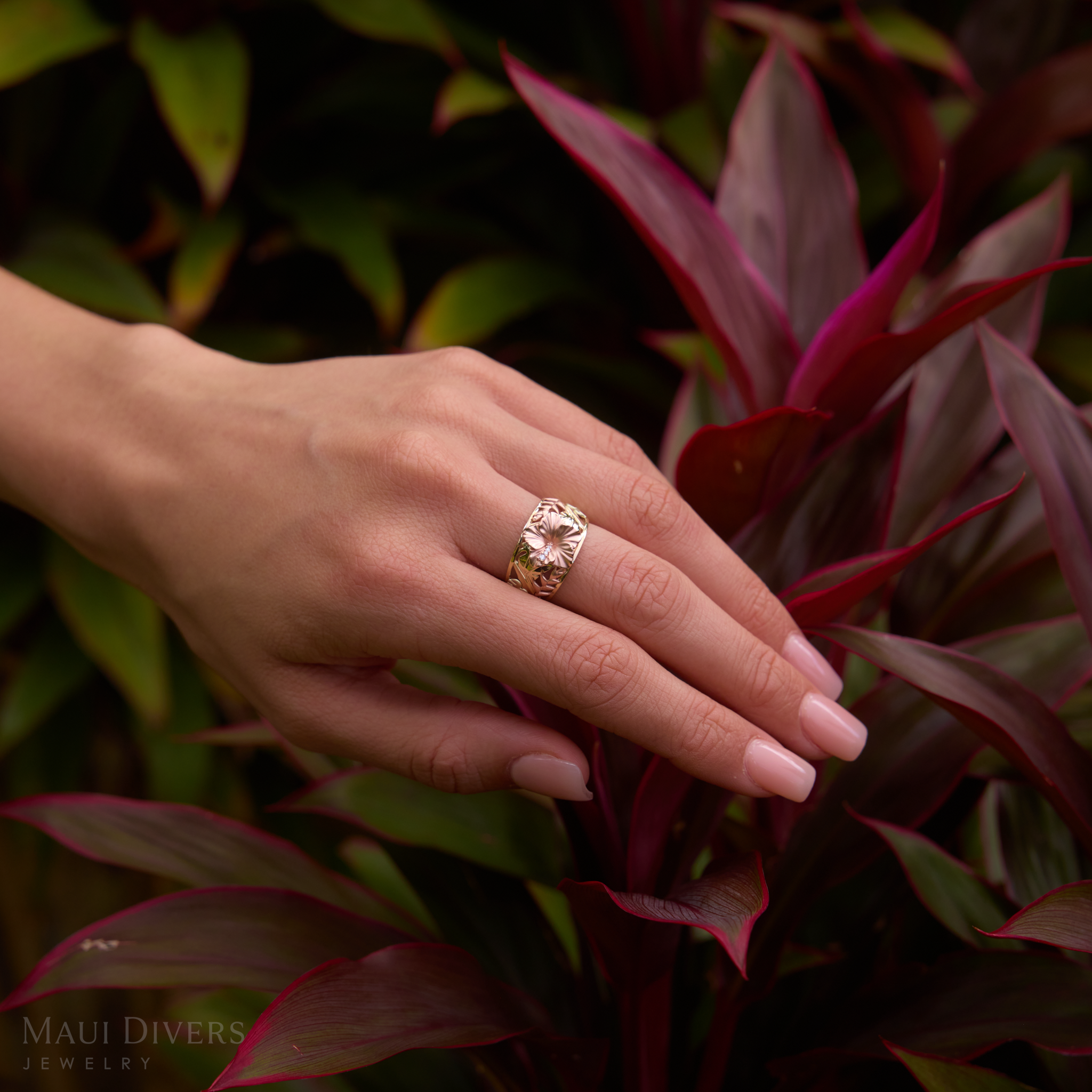 Hawaiian Gardens Hibiscus Ring in Tri Color Gold with Diamonds - 12mm