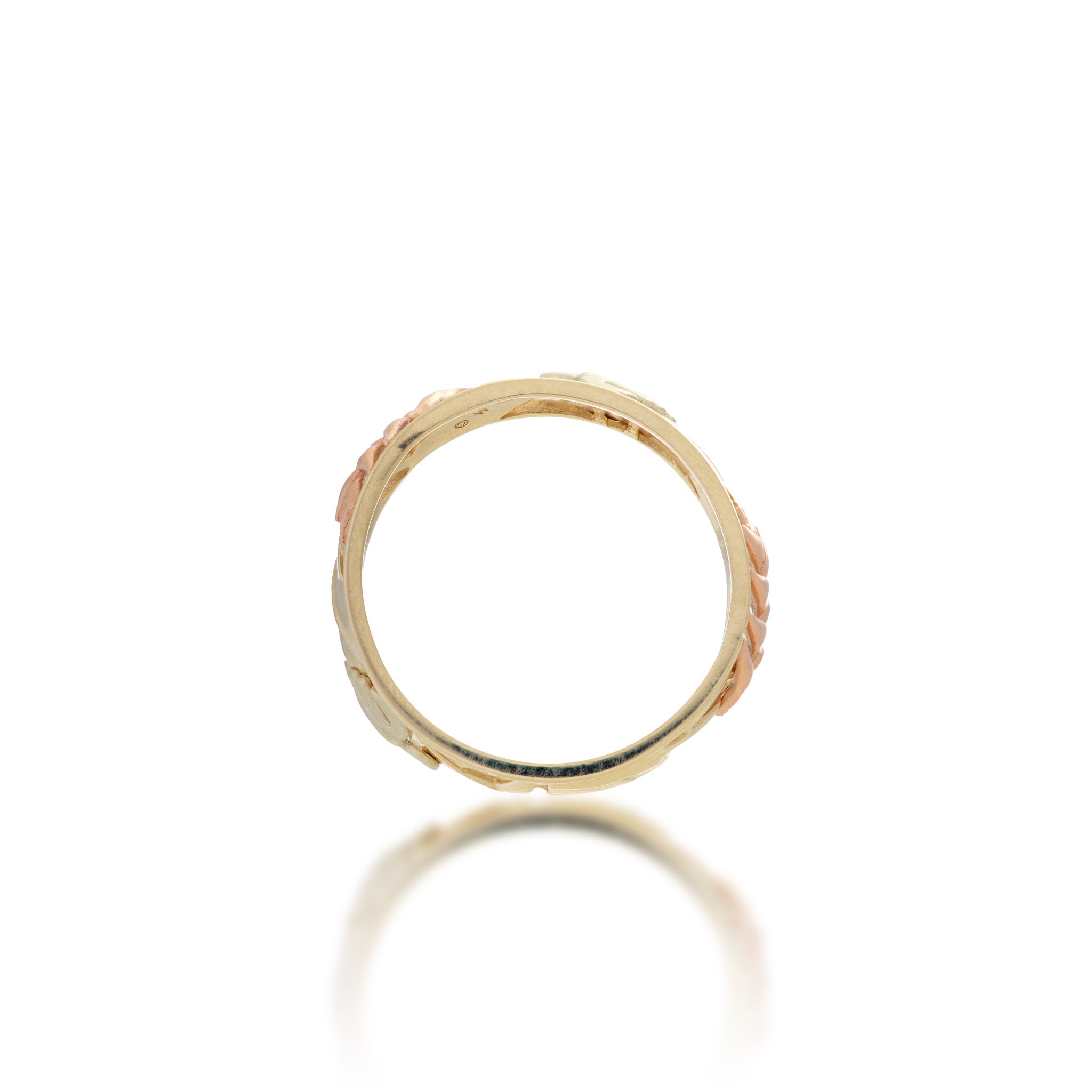 Side view of the 8mm Monstera & Heliconia Ring in 14k Yellow, Rose and Green Gold