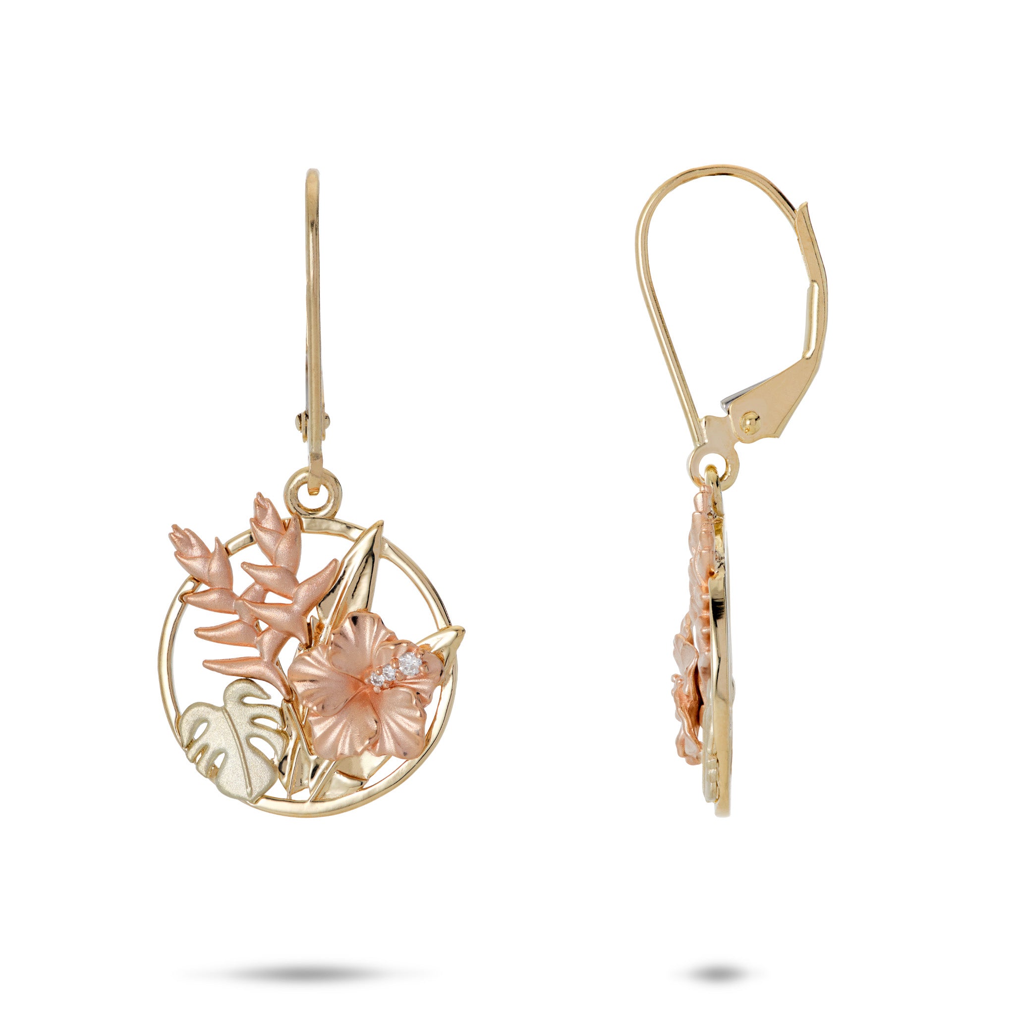 Hibiscus, Monstera, Heliconia, and Banana Leaf Leverback Earrings in 14k Yellow, Green, and Rose Gold with Diamonds