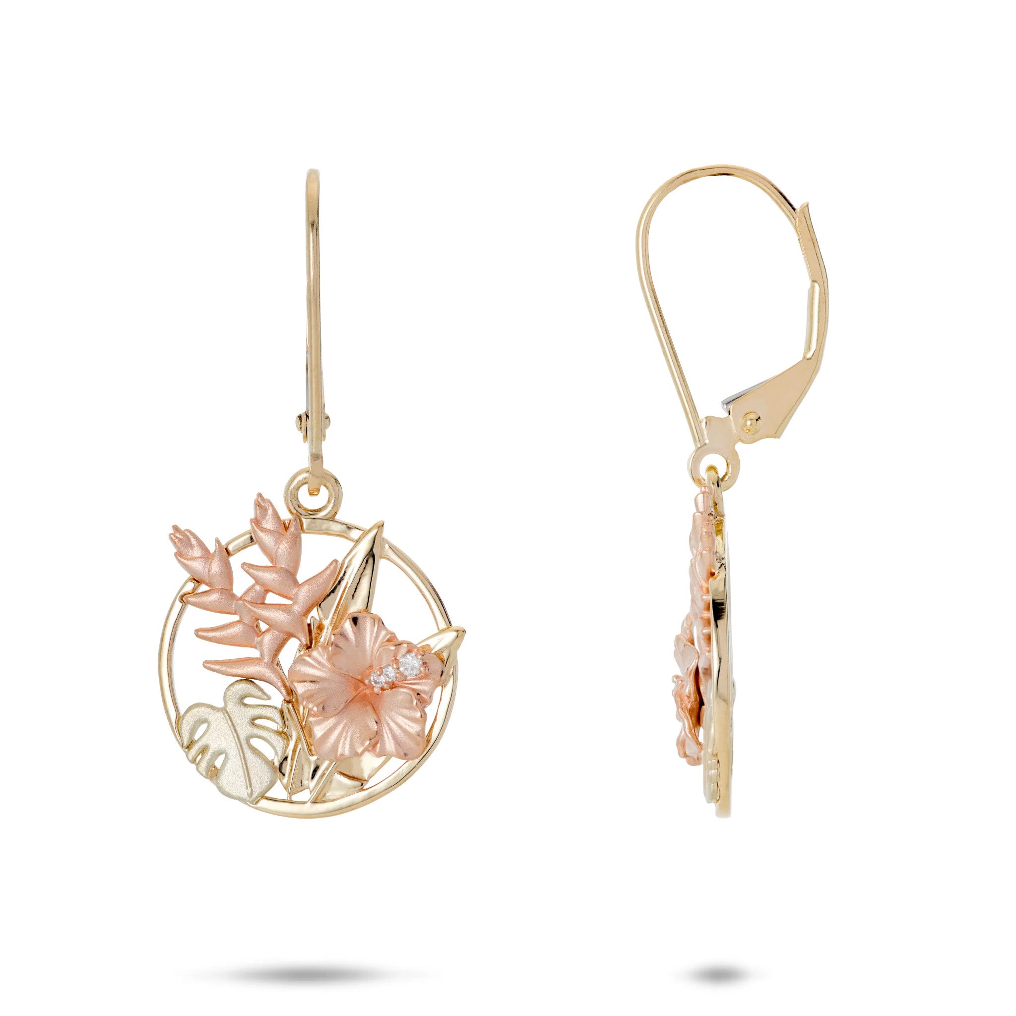 Hawaiian Gardens Collection Leverback Back Earrings in 14k yellow gold with a round banana leaf frame, diamond rose gold hibiscus, rose gold heliconia, and green gold monstera on a white background