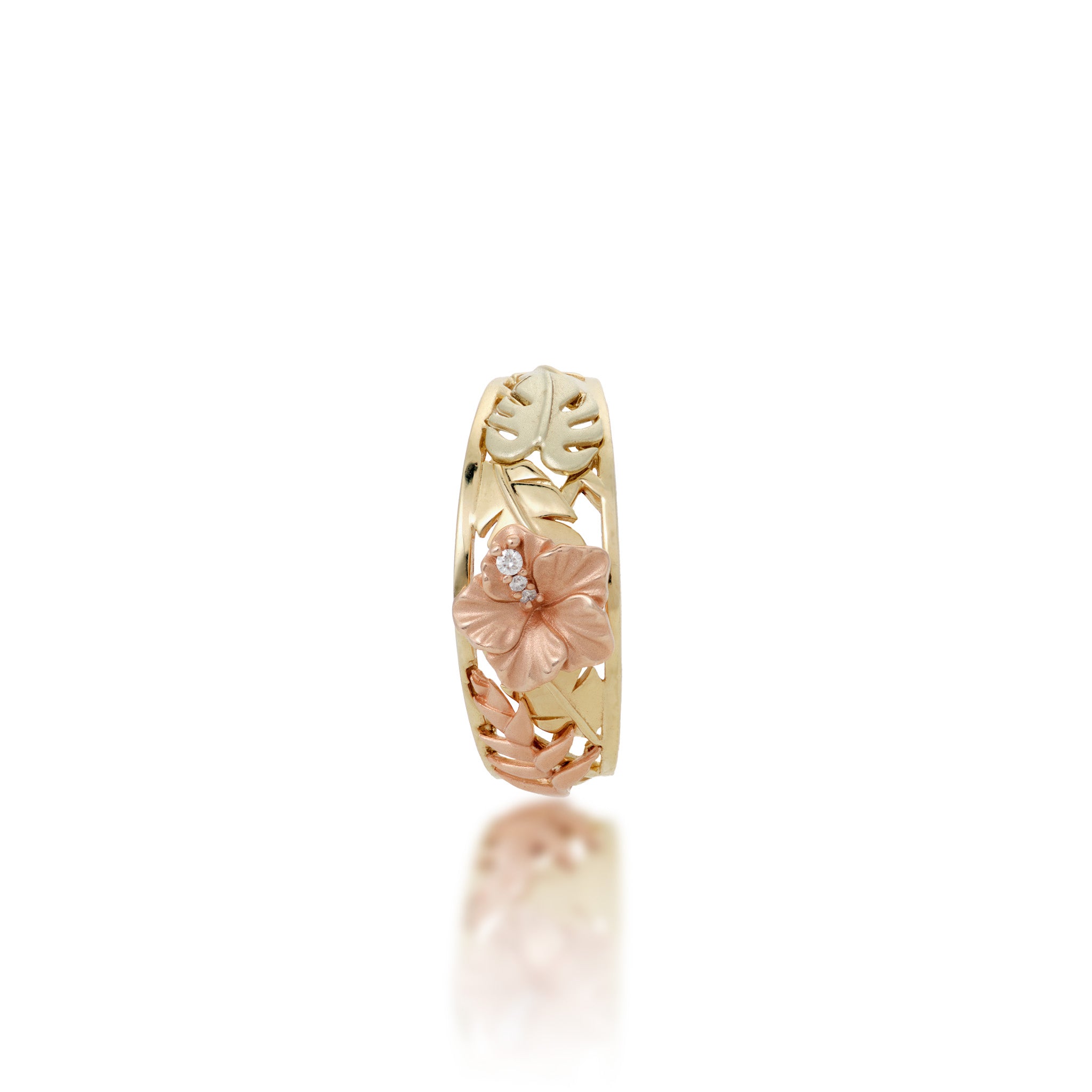 Front view of 8mm Hawaiian Gardens Hibiscus Ring in 14k Yellow, Rose, and Green Gold with Diamonds on white