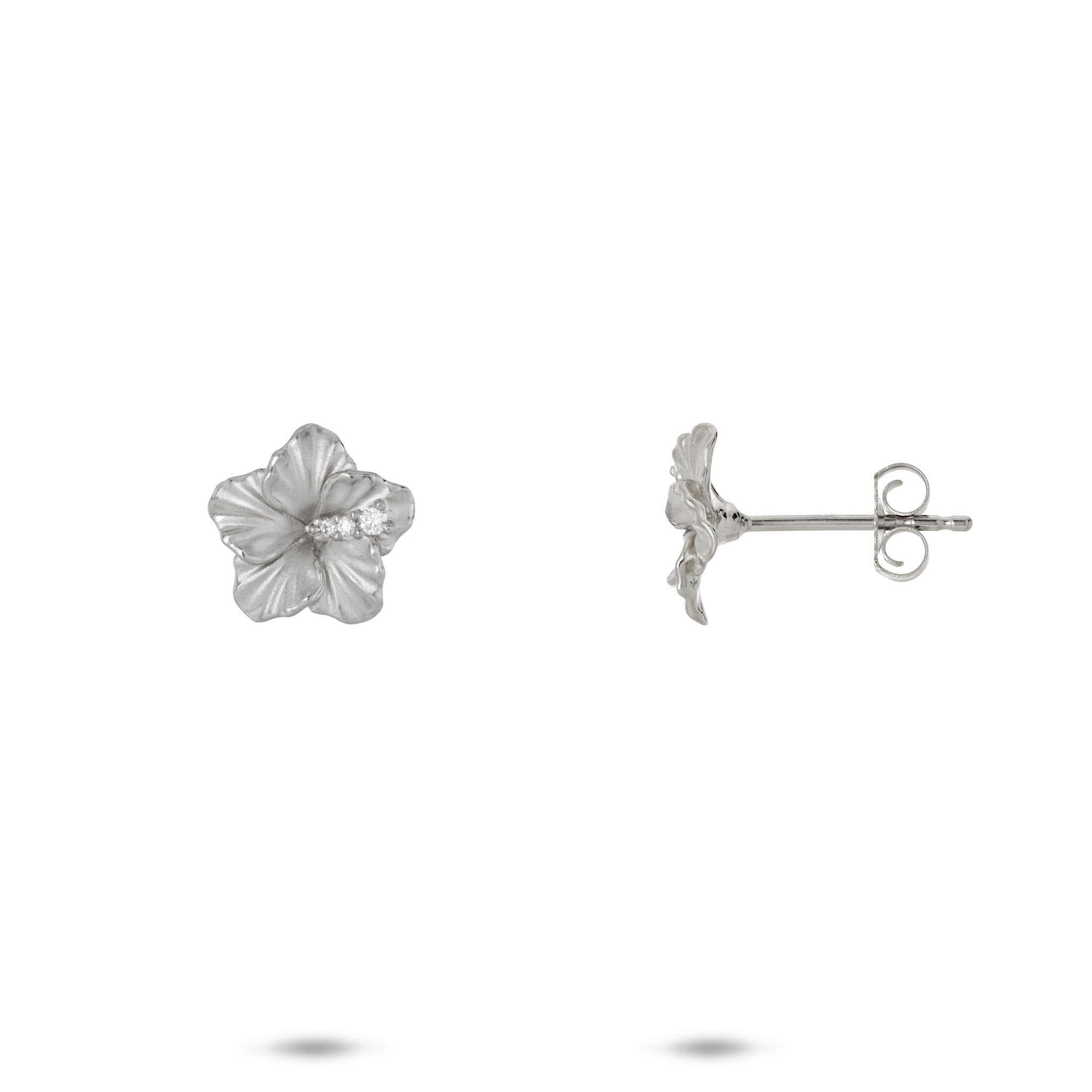 9.5mm Diamond Hibiscus Earrings in 14k White Gold on a white background