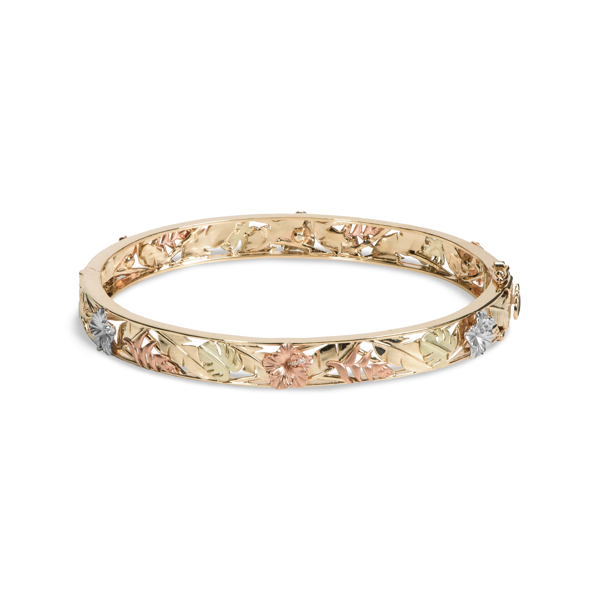 Hawaiian Gardens Hibiscus Bracelet in Four Tone Gold with Diamonds - 8mm
