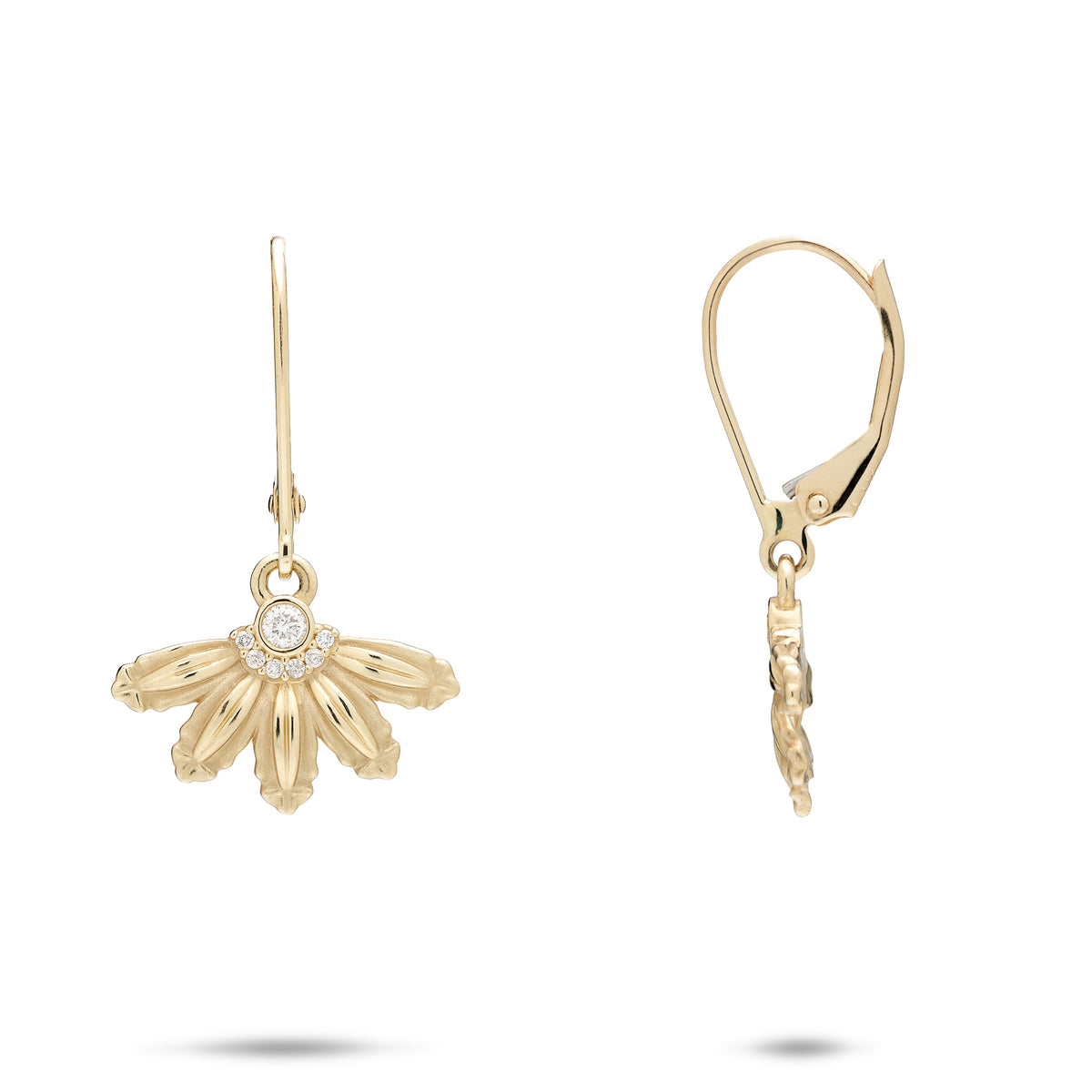 A pair of 14k yellow gold leverback earrings with a mountain naupaka flower design with satin and high-polish petals, and center diamonds with a row of curved diamonds around it, shown with a front and side profile view, against a white background