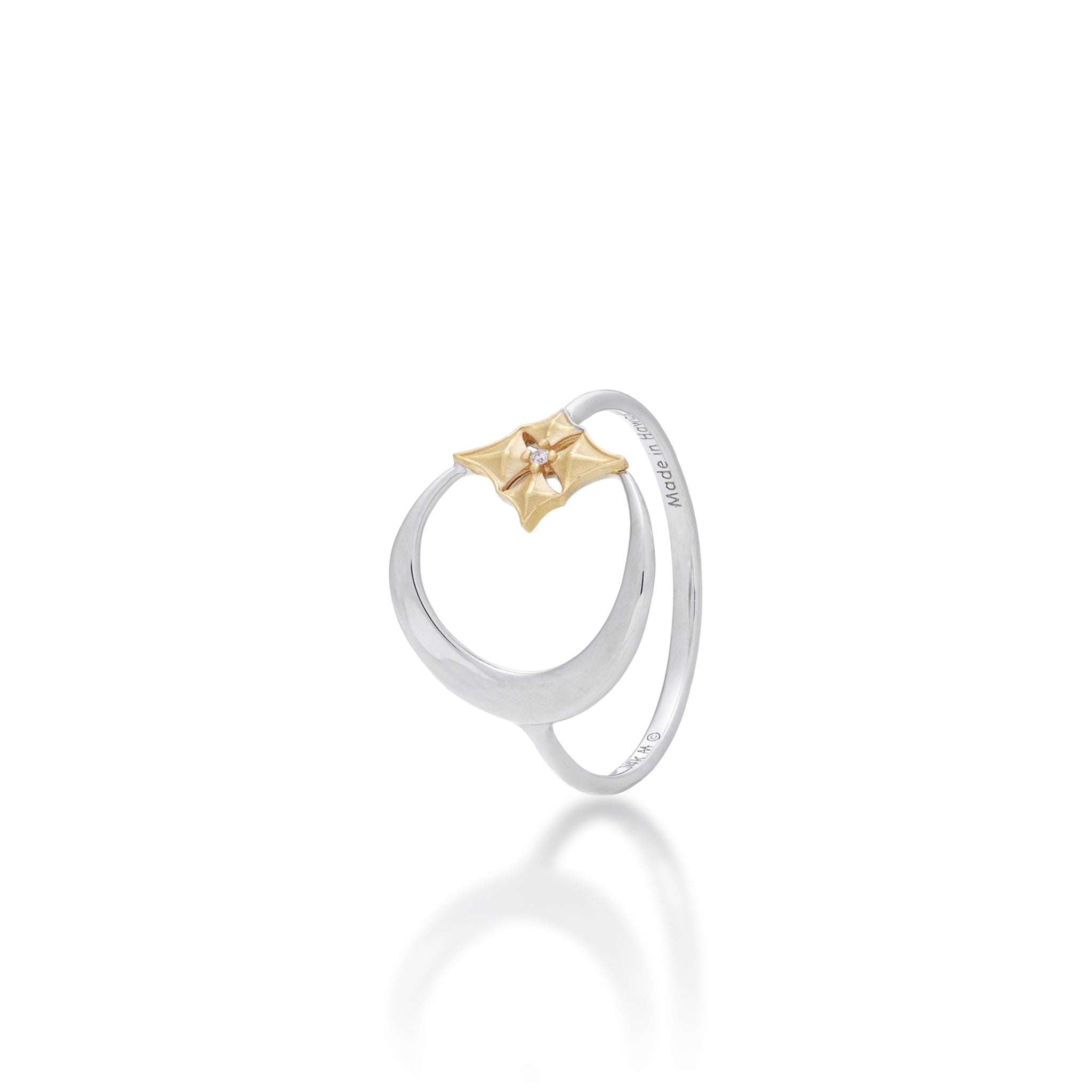 Hawaiian Quilted Star and Moon Ring in Two Tone Gold with Diamond - 13mm