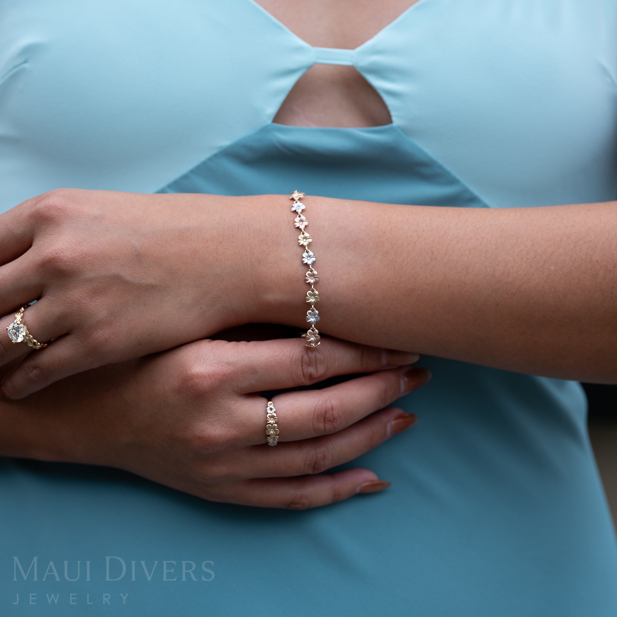 7-8.5" Adjustable Plumeria Bracelet in Tri Color Gold with Diamonds - 6mm