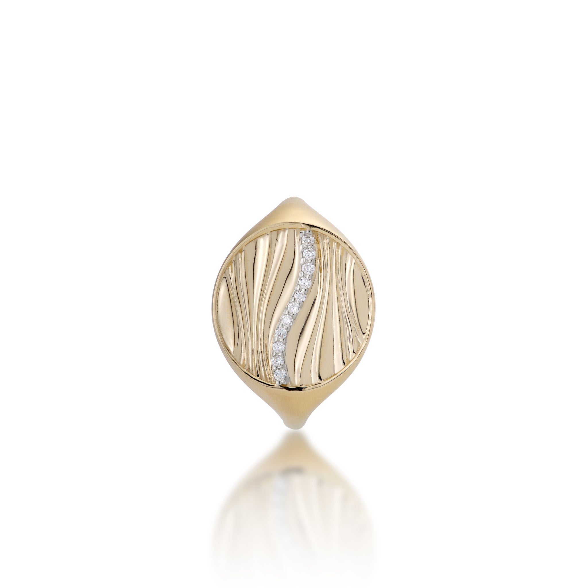Top view of the 14mm Ocean Sand Signet Ring in 14k Yellow Gold with Diamonds on a white background