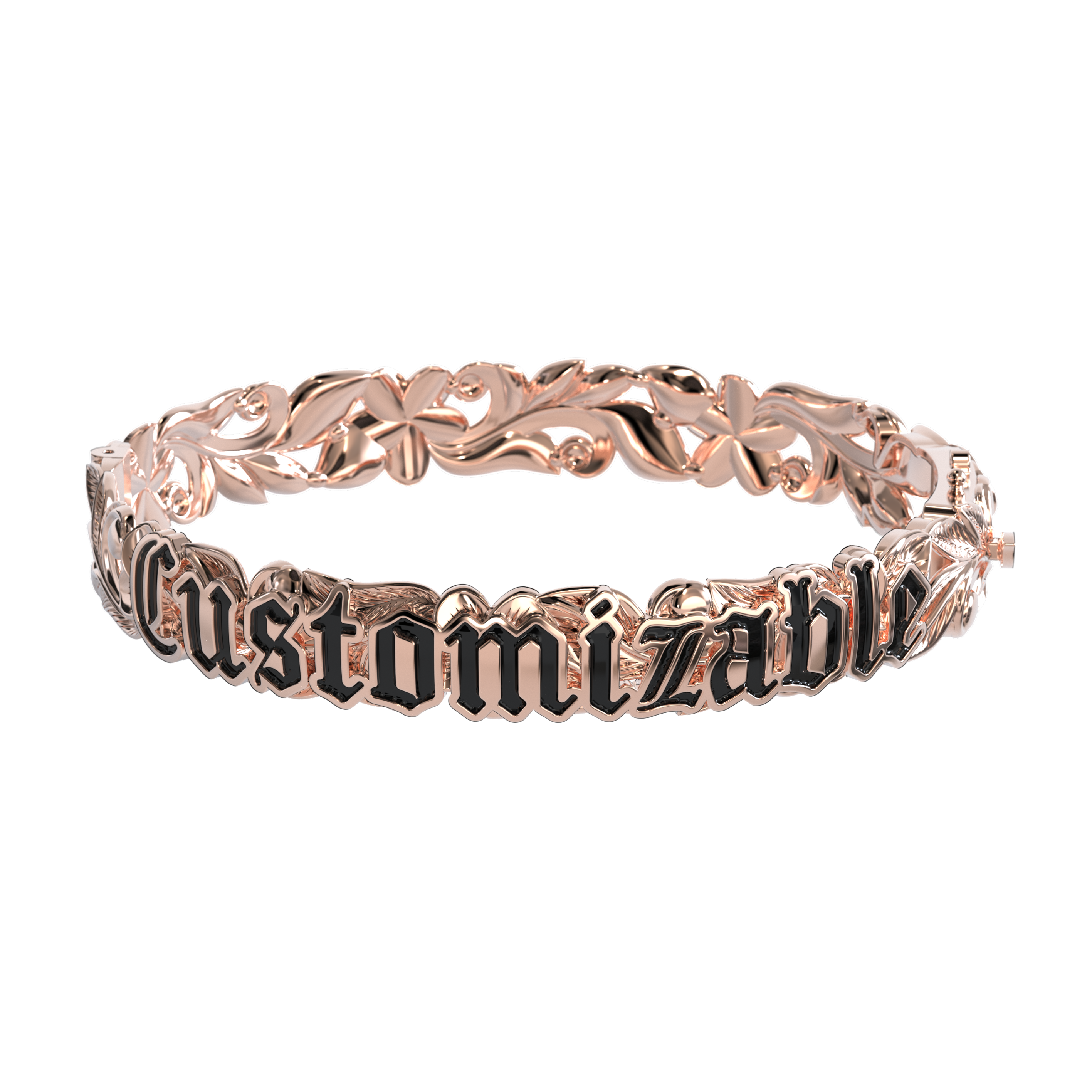 10mm Customizable Hawaiian Hinge Bracelet with Black Enamel Lettering in Rose Gold