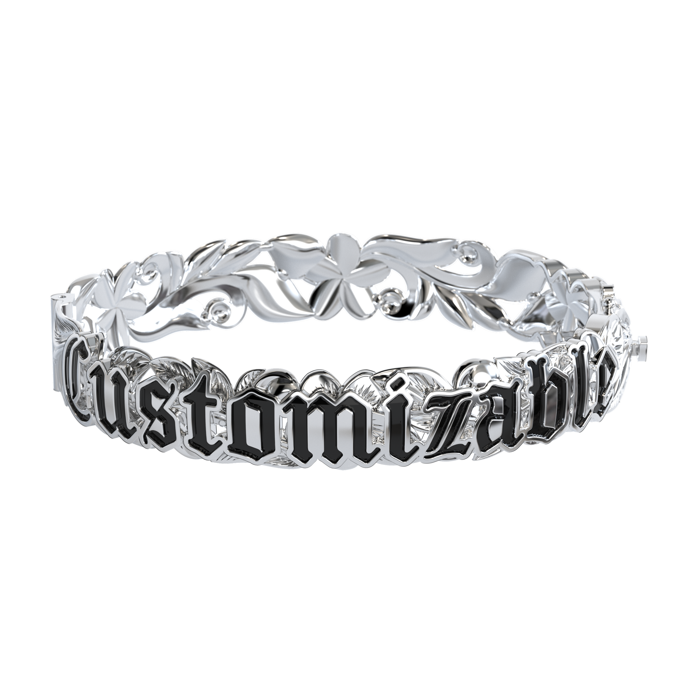 12mm Customizable Hawaiian Hinge Bracelet with Black Enamel in White Gold