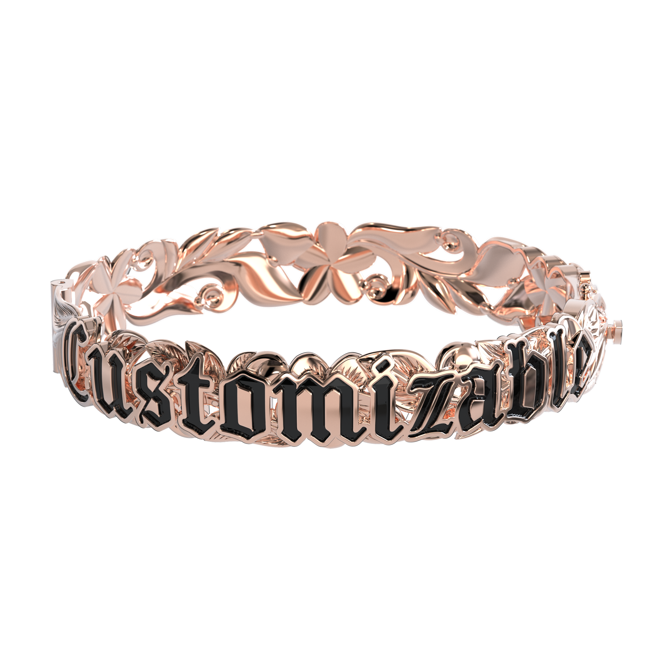 12mm Customizable Hawaiian Hinge Bracelet with Black Enamel Lettering in Rose Gold