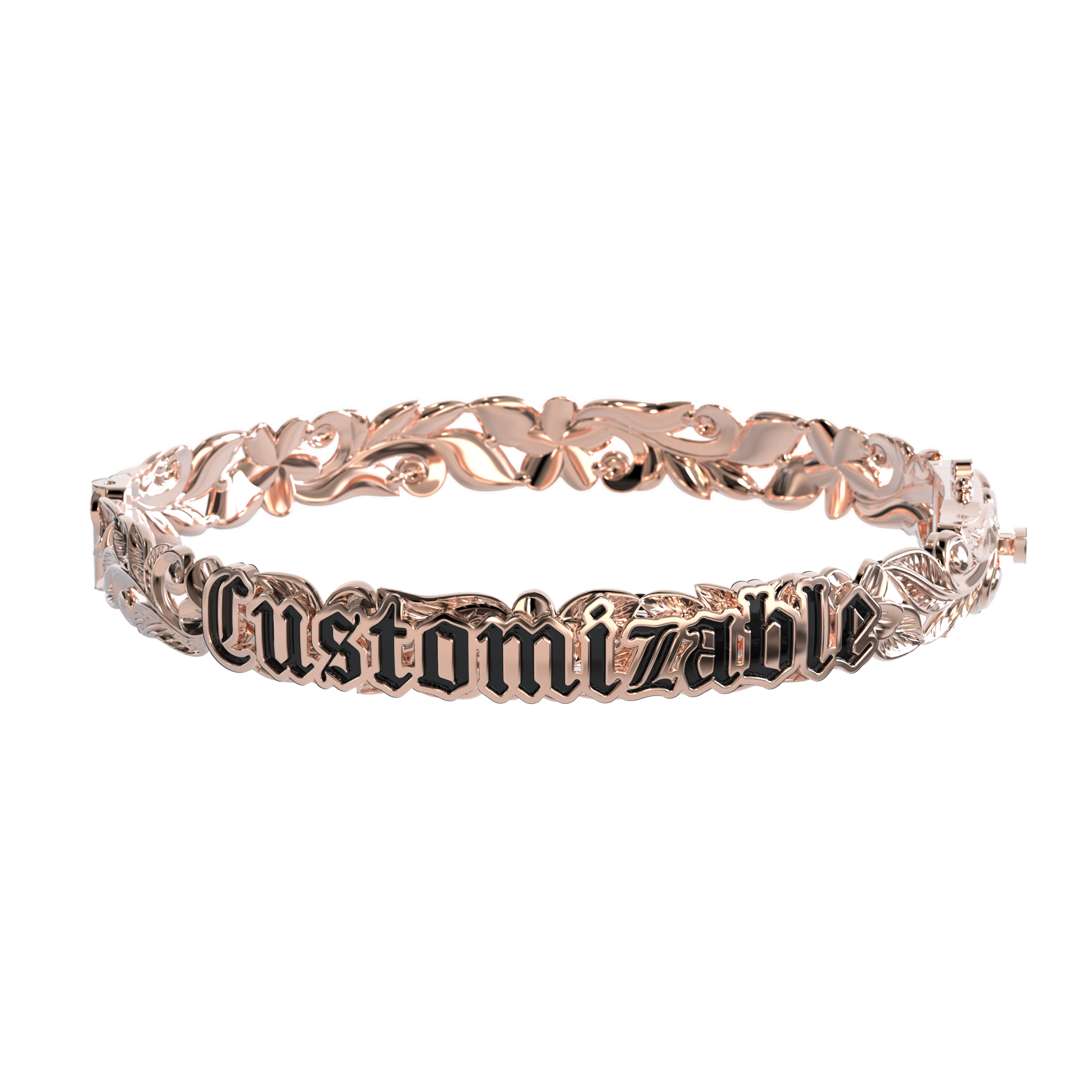 8mm Customizable Hawaiian Hinge Bracelet with Black Enamel Lettering in Rose Gold