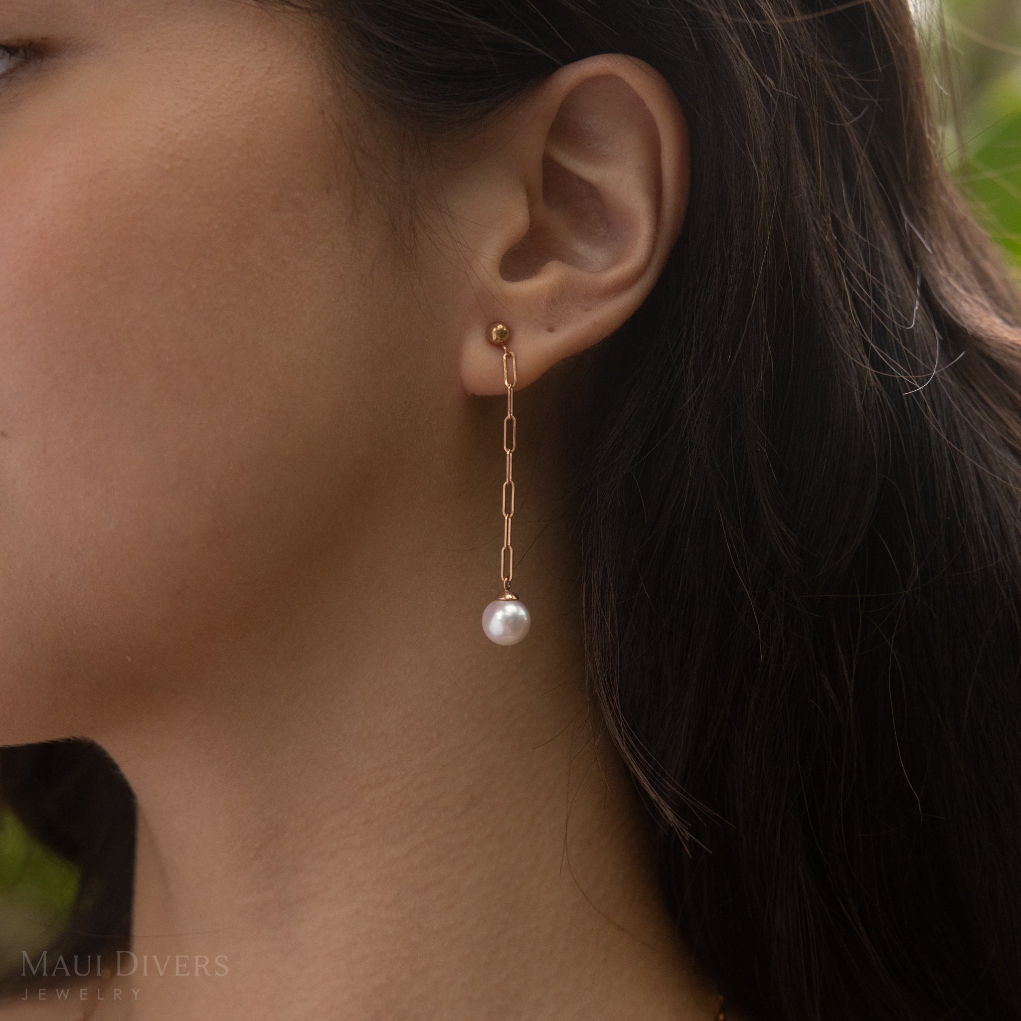 Akoya White Pearl Paperclip Chain Earrings in Rose Gold - 8mm