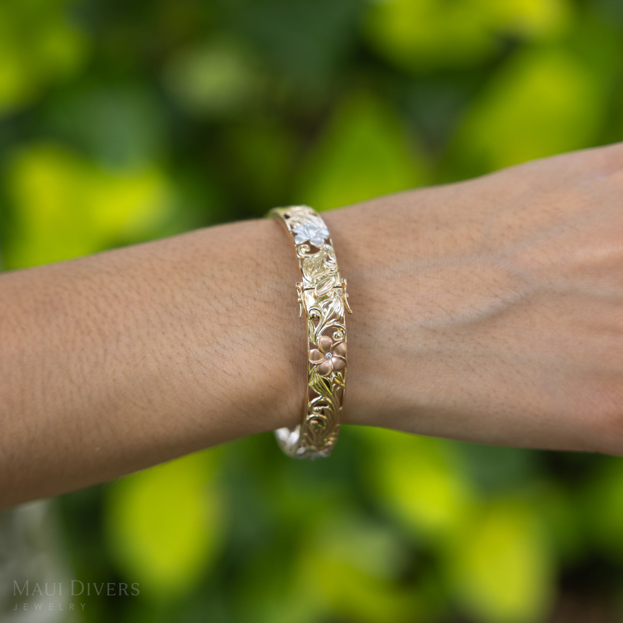 Hawaiian Heirloom Plumeria Hinge Bracelet in Tri Color Gold with Diamonds - 10mm