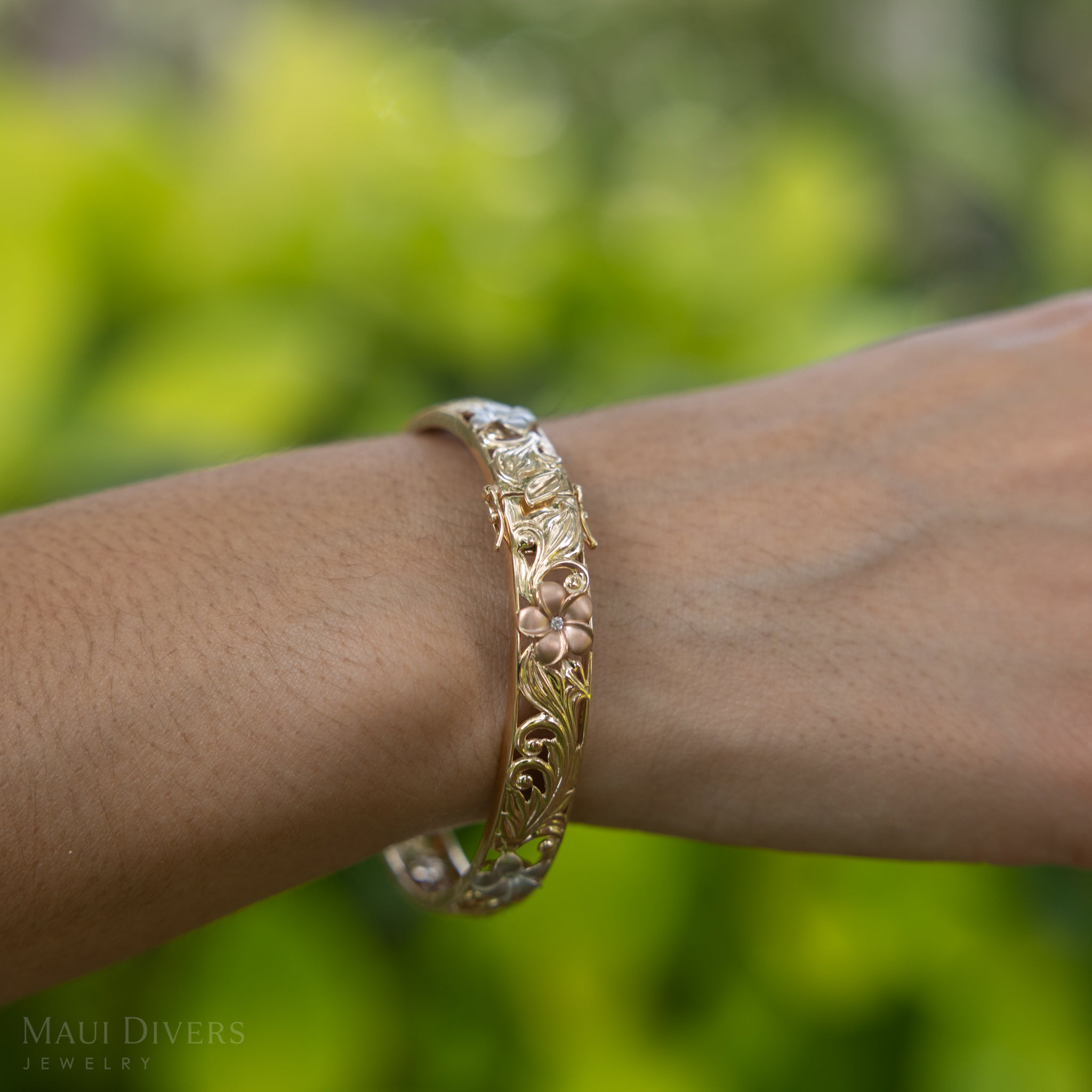 Hawaiian Heirloom Plumeria Hinge Bracelet in Tri Color Gold with Diamonds - 10mm