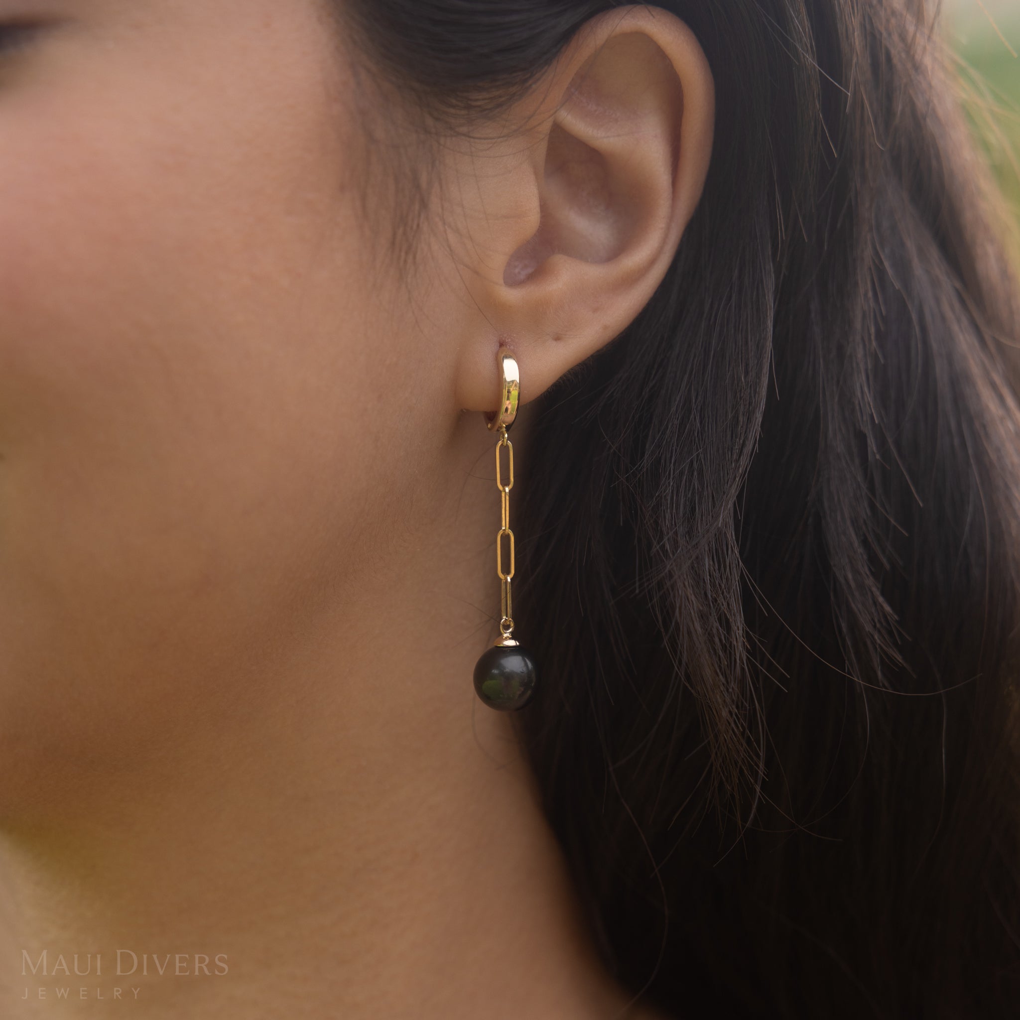 Tahitian Black Pearl Paperclip Chain Earrings in Gold - 9-11mm