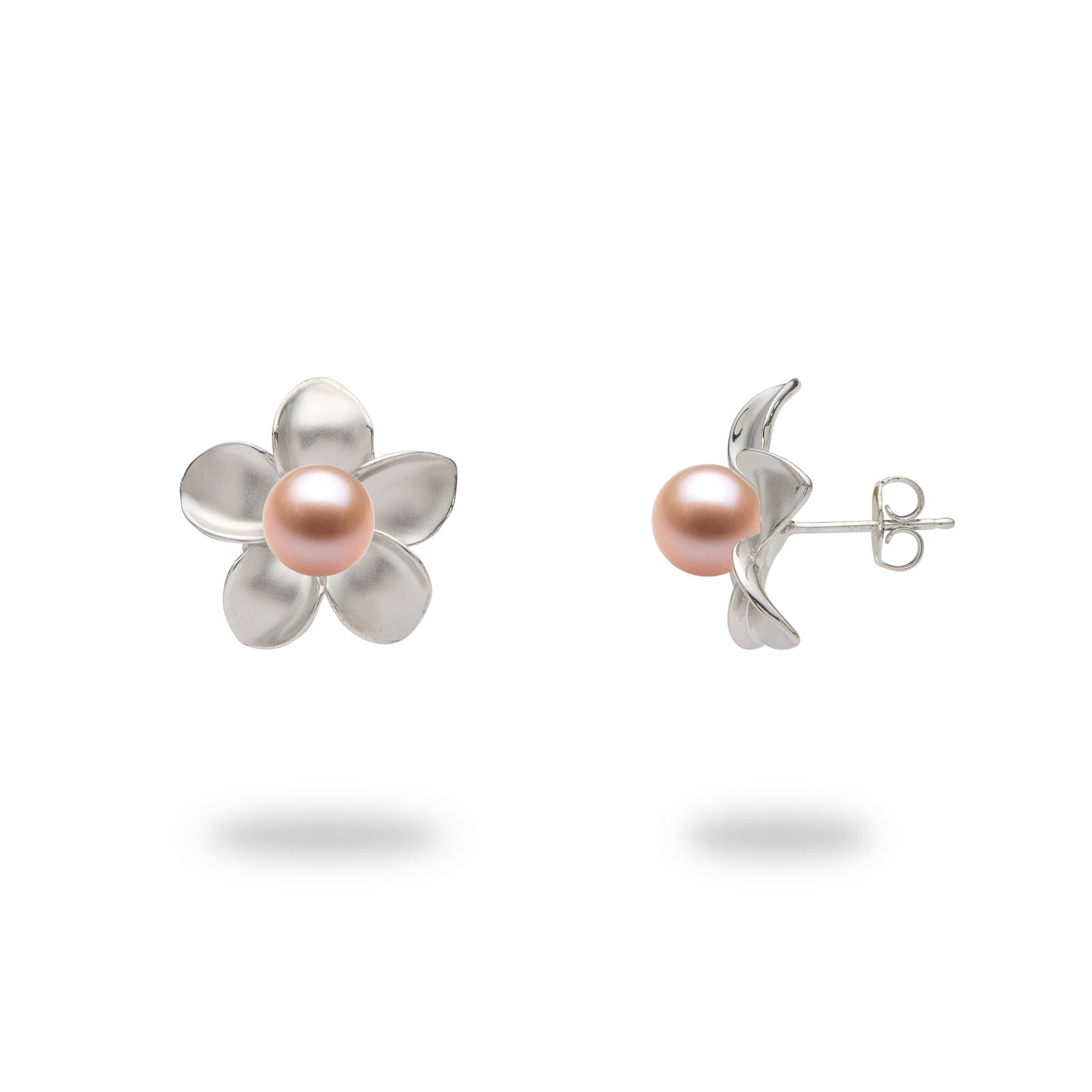 Pick A Pearl Plumeria Earrings in White Gold - 18mm with Peach Pearl - Maui Divers Jewelry
