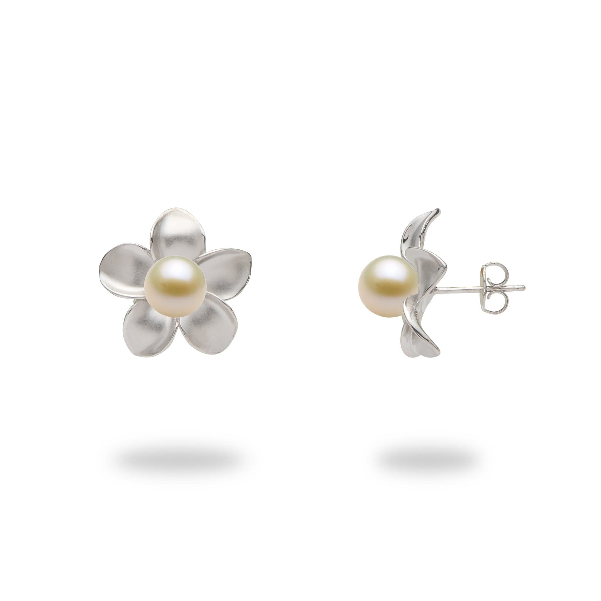 Pick A Pearl Plumeria Earrings in White Gold - 18mm with White Pearl - Maui Divers Jewelry