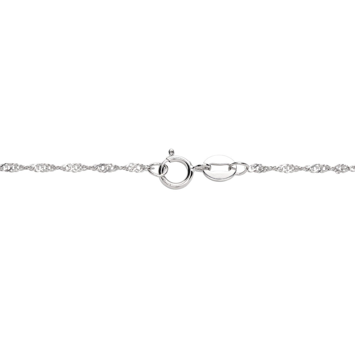 Detail shot of the round clasp on a sterling silver Singapore chain, placed on a White Background