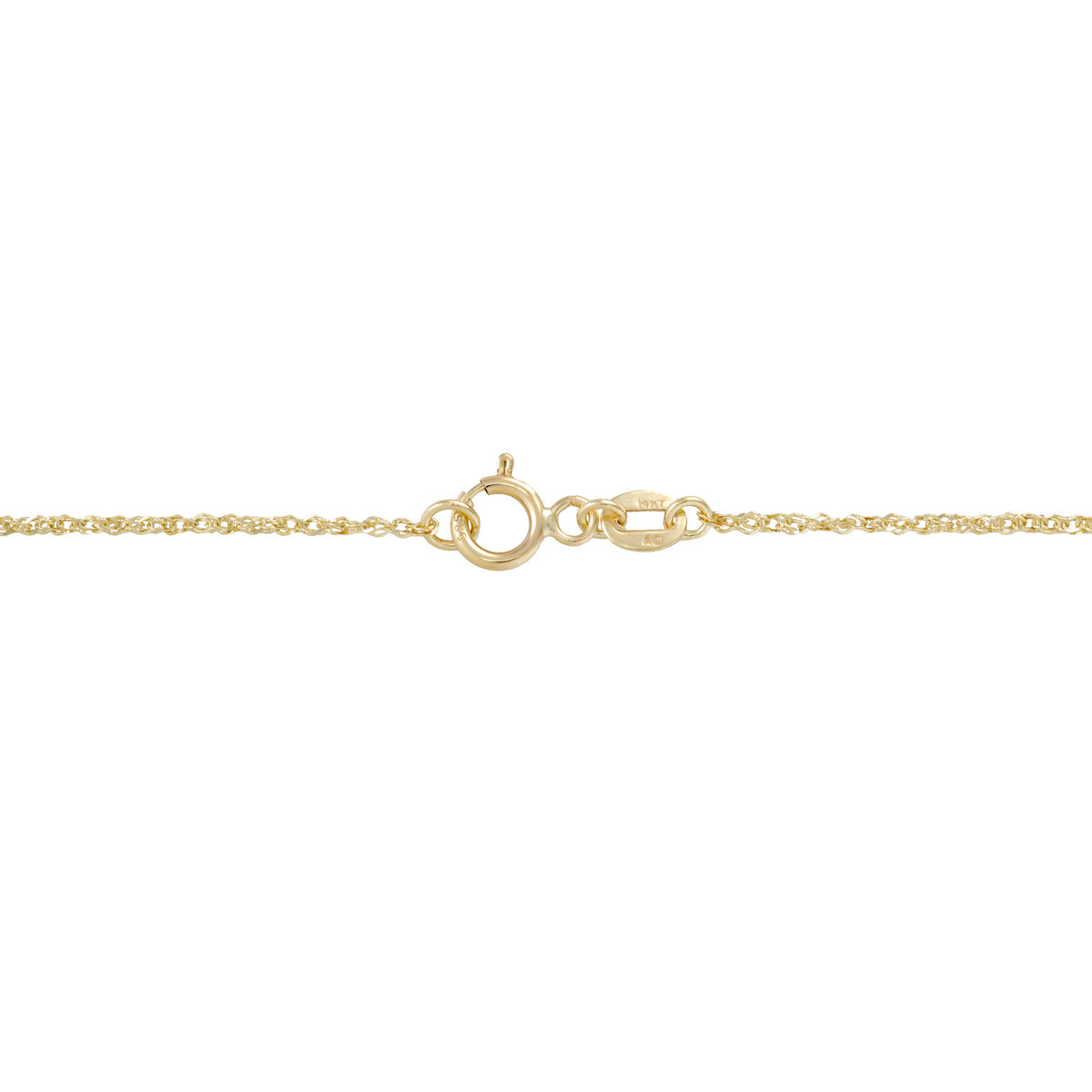 Close-up of a 14k yellow gold chain showing a lobster clasp on a plain white background.