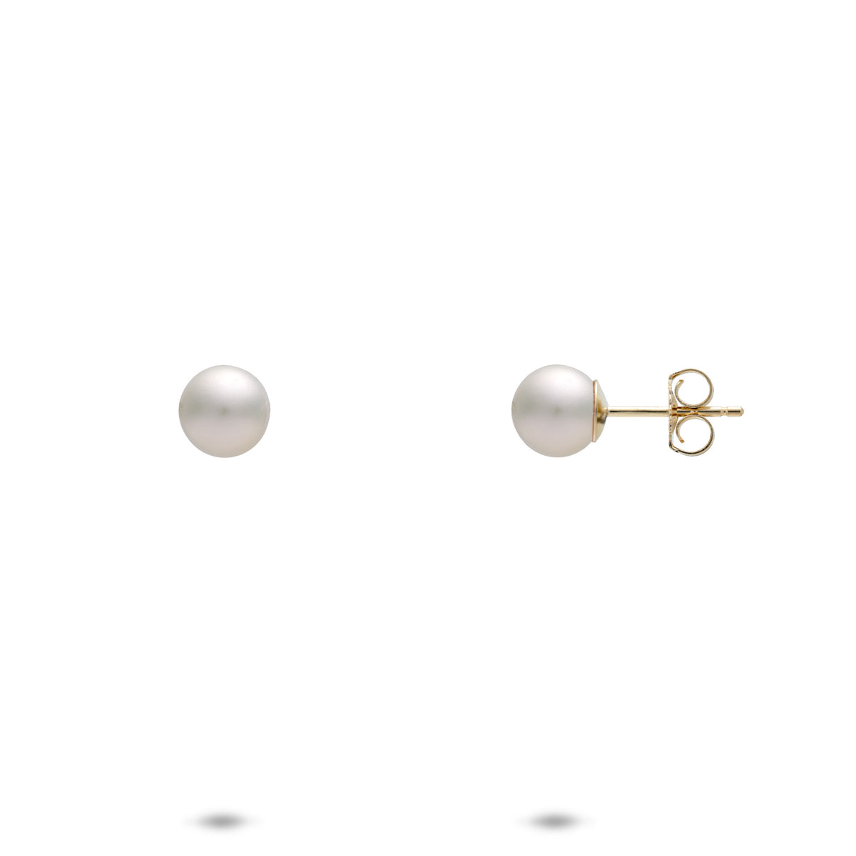 A pair of 14k yellow gold 5.5-6mm Akoya white pearl stud earrings with a front and side view of the butterfly backing, shown on a white background