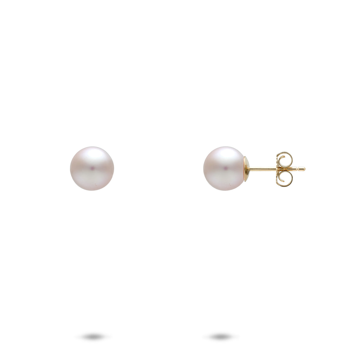 A pair of 14k yellow gold 6.5-7mm Akoya white pearl stud earrings with a front and side view of the butterfly backing, shown on a white background