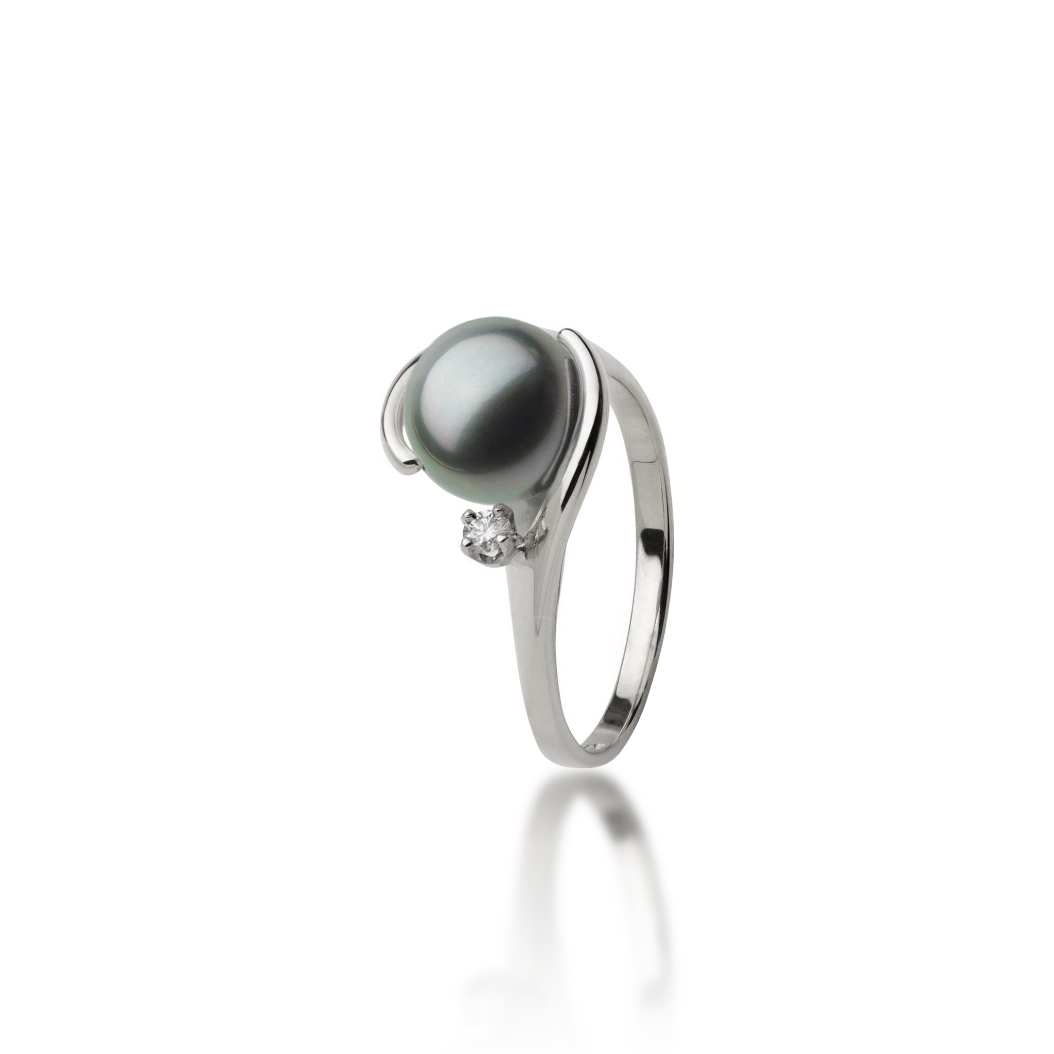 Tahitian Black Pearl Ring in White Gold with Diamond - 9-10mm