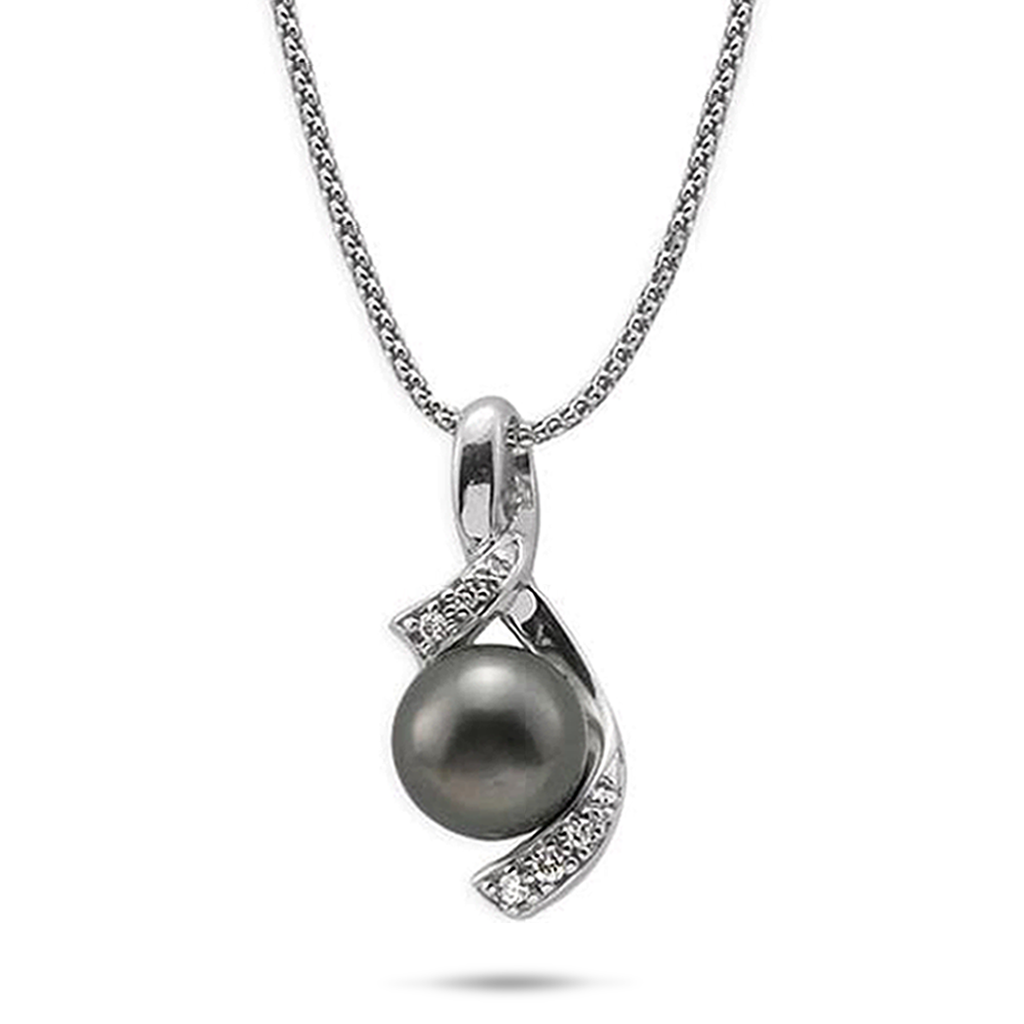 18" Tahitian Black Pearl Pendant Necklace in White Gold with Diamonds - 10-11mm