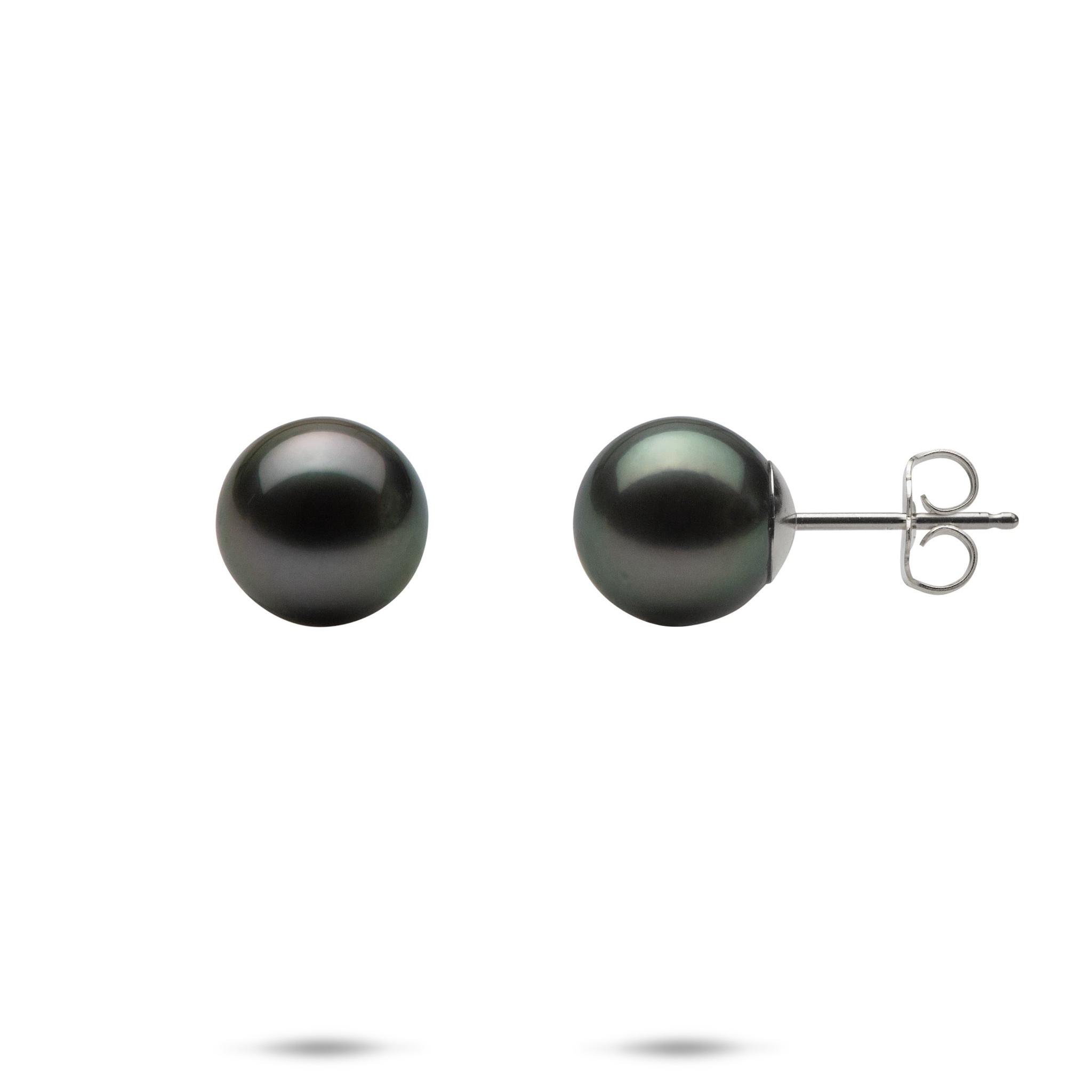 Tahitian Black Pearl Earrings in White Gold - 9-10mm