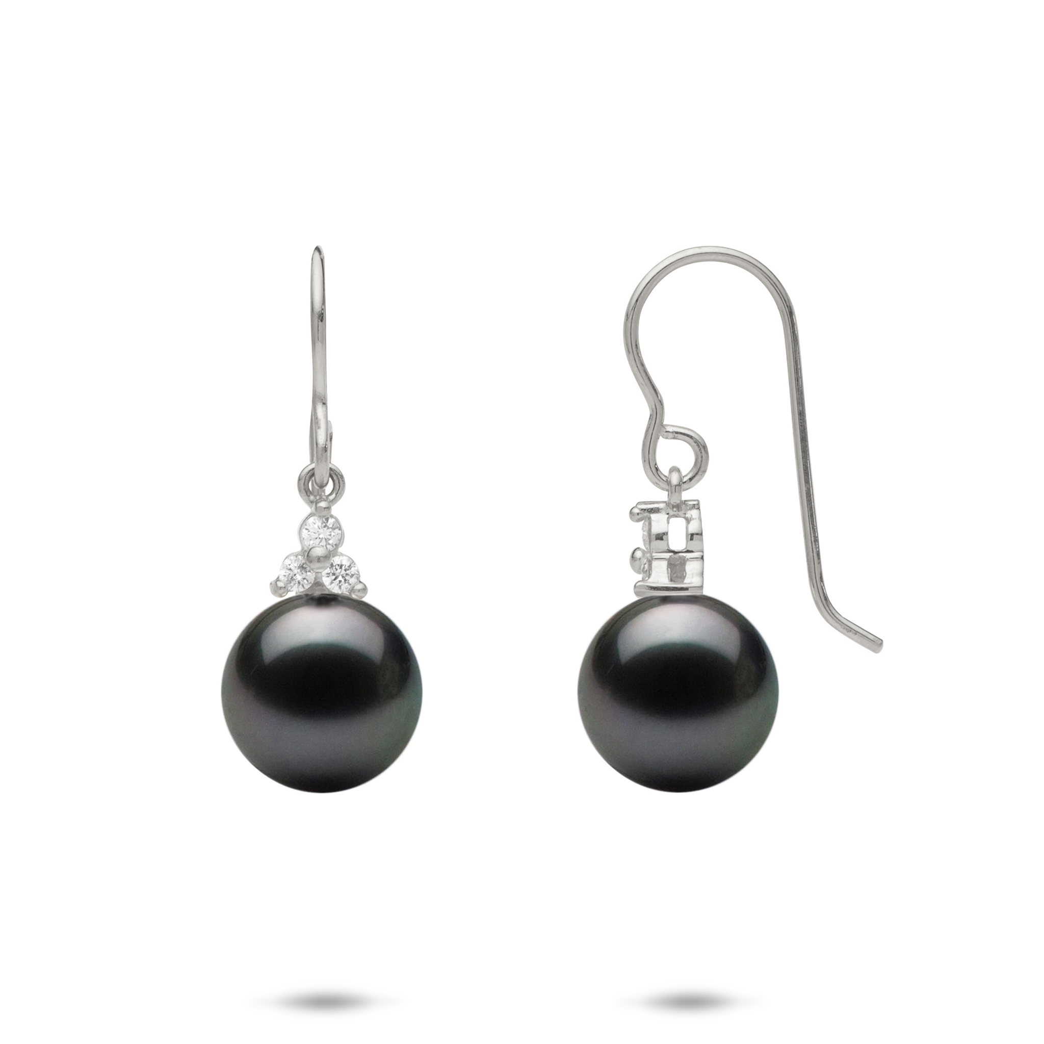 Tahitian Black Pearl Earrings in White Gold with Diamonds - 9-10mm