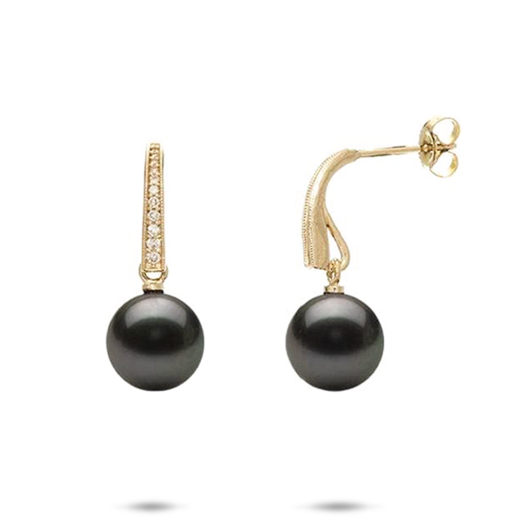 Tahitian Black Pearl Earrings in Gold with Diamonds - 9-10mm