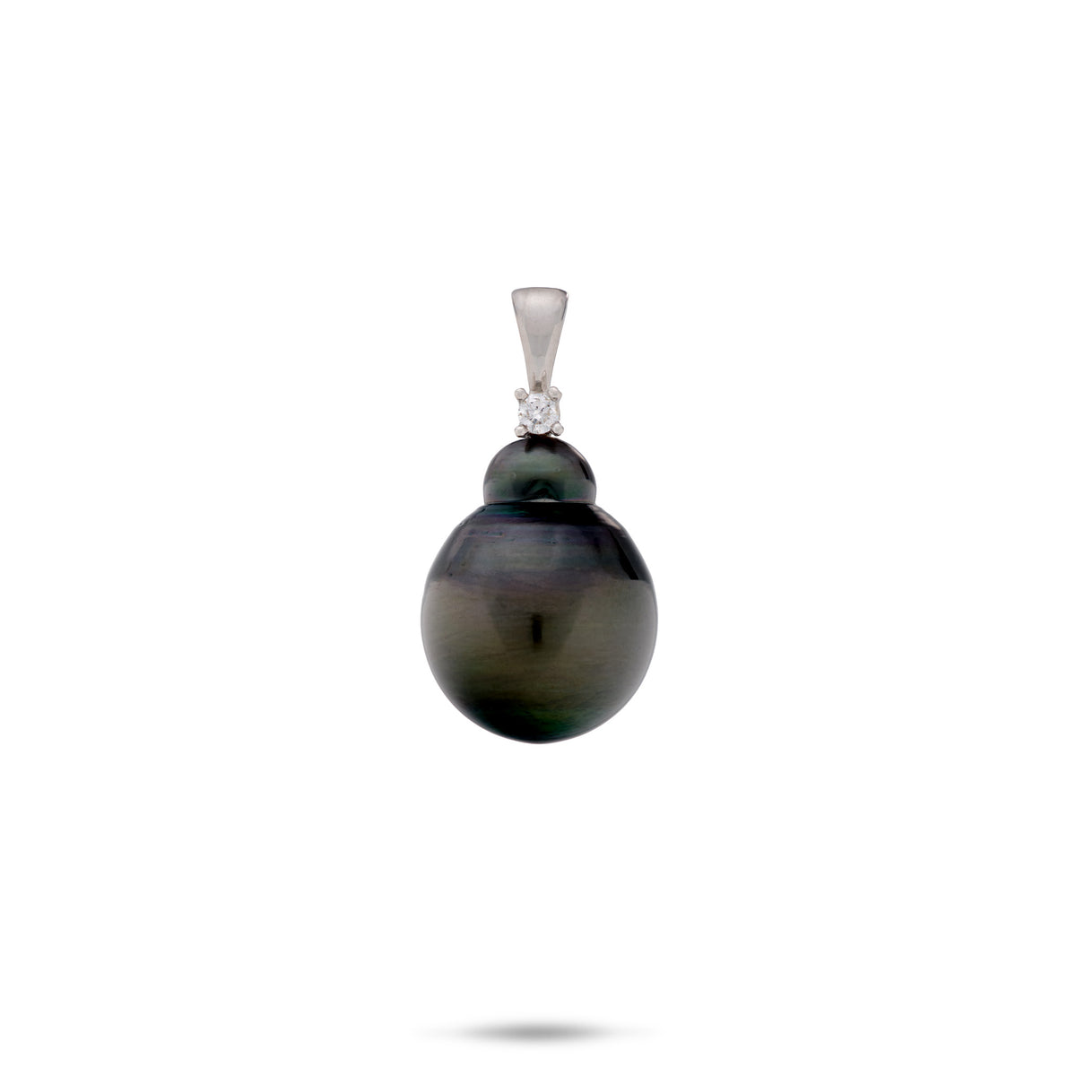 A simple drop pendant in 14k white gold with a diamond-accent bail and an 11-12mm baroque Tahitian black pearl, shown on a white background