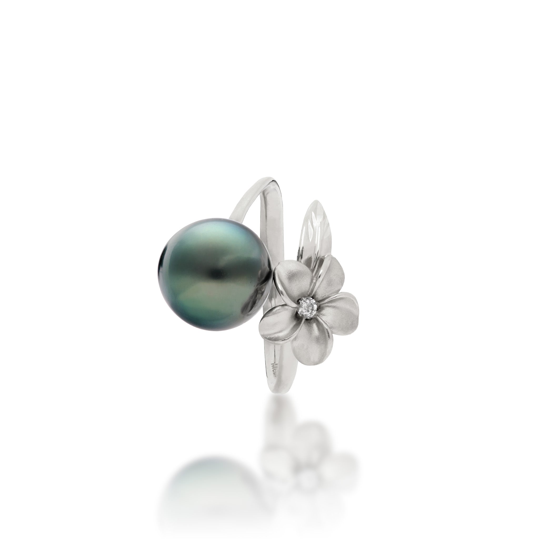 Top view of a 14k White Gold Plumeria Ring with a Tahitian Black Pearl and Diamond-accent on a white background