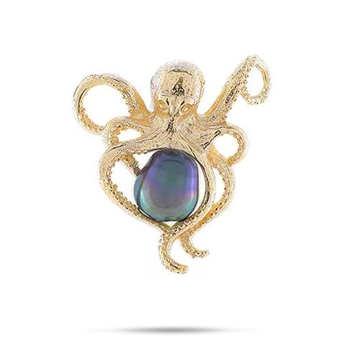 Heʻe (Octopus) Tahitian Black Pearl Pendant in Gold - 10-11mm