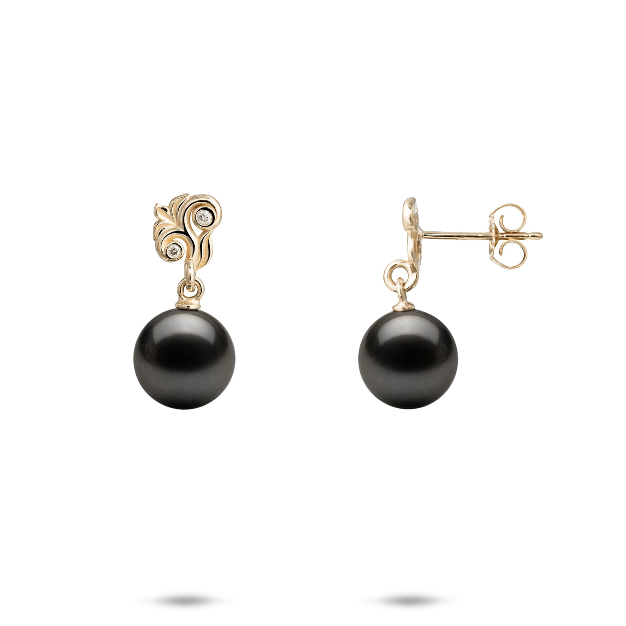 Living Heirloom Tahitian Black Pearl Earrings in 14k Yellow Gold with Diamonds 