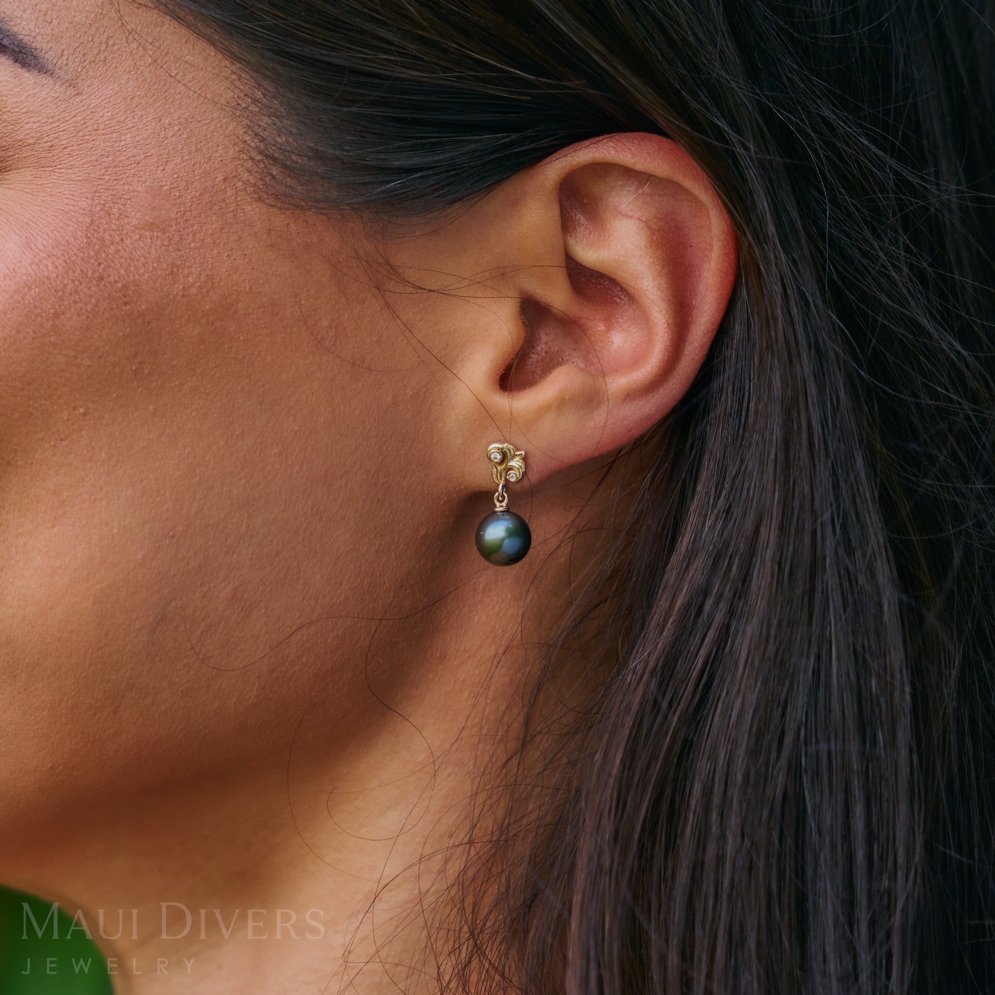 Living Heirloom Tahitian Black Pearl Earrings in Gold with Diamonds - 8-9mm