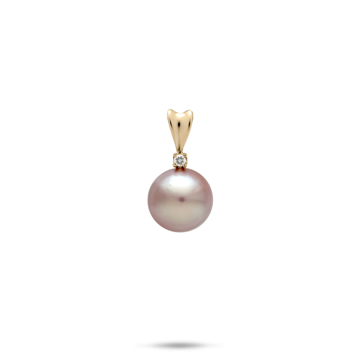 A 9-10mm lavender freshwater pearl pendant with a 14k yellow gold curved bail with a diamond accent, centered on a plain white background
